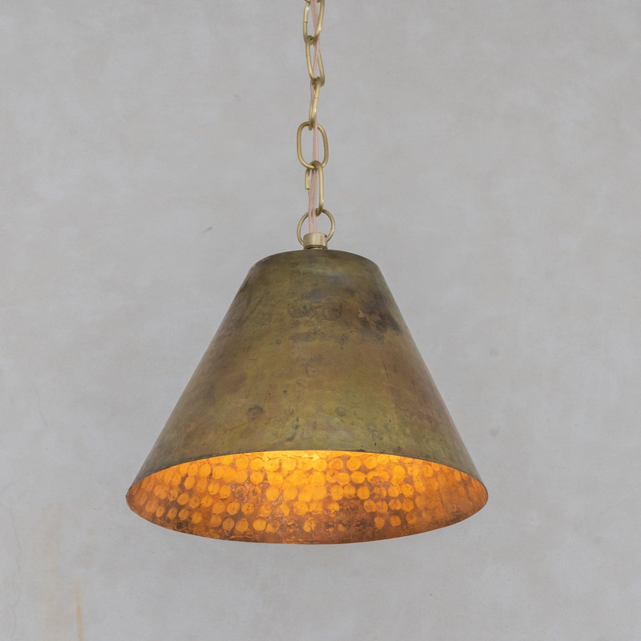 Aged Brass Cone Pendant Light - Industrial Hand-Hammered Tapered Lamp