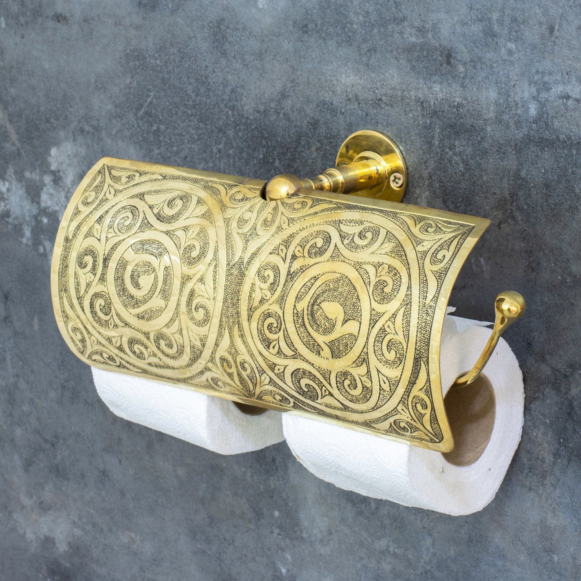 Handcrafted Unlacquered Brass Double Toilet Paper Holder | Engraved Sliding Cover