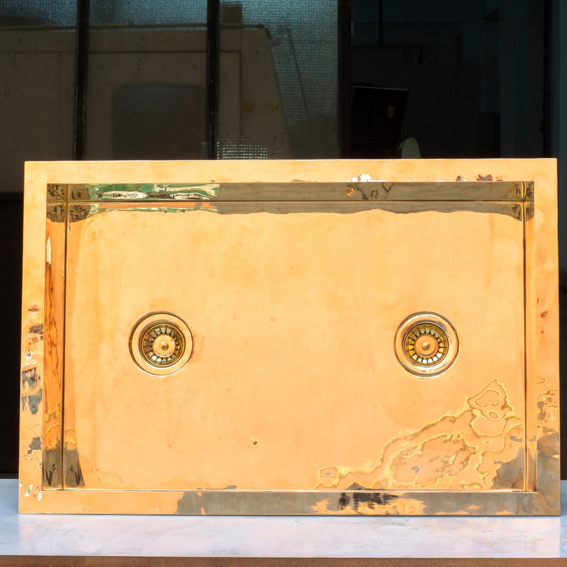 Smooth Unlacquered Brass Farmhouse Kitchen Sink | Double Drain