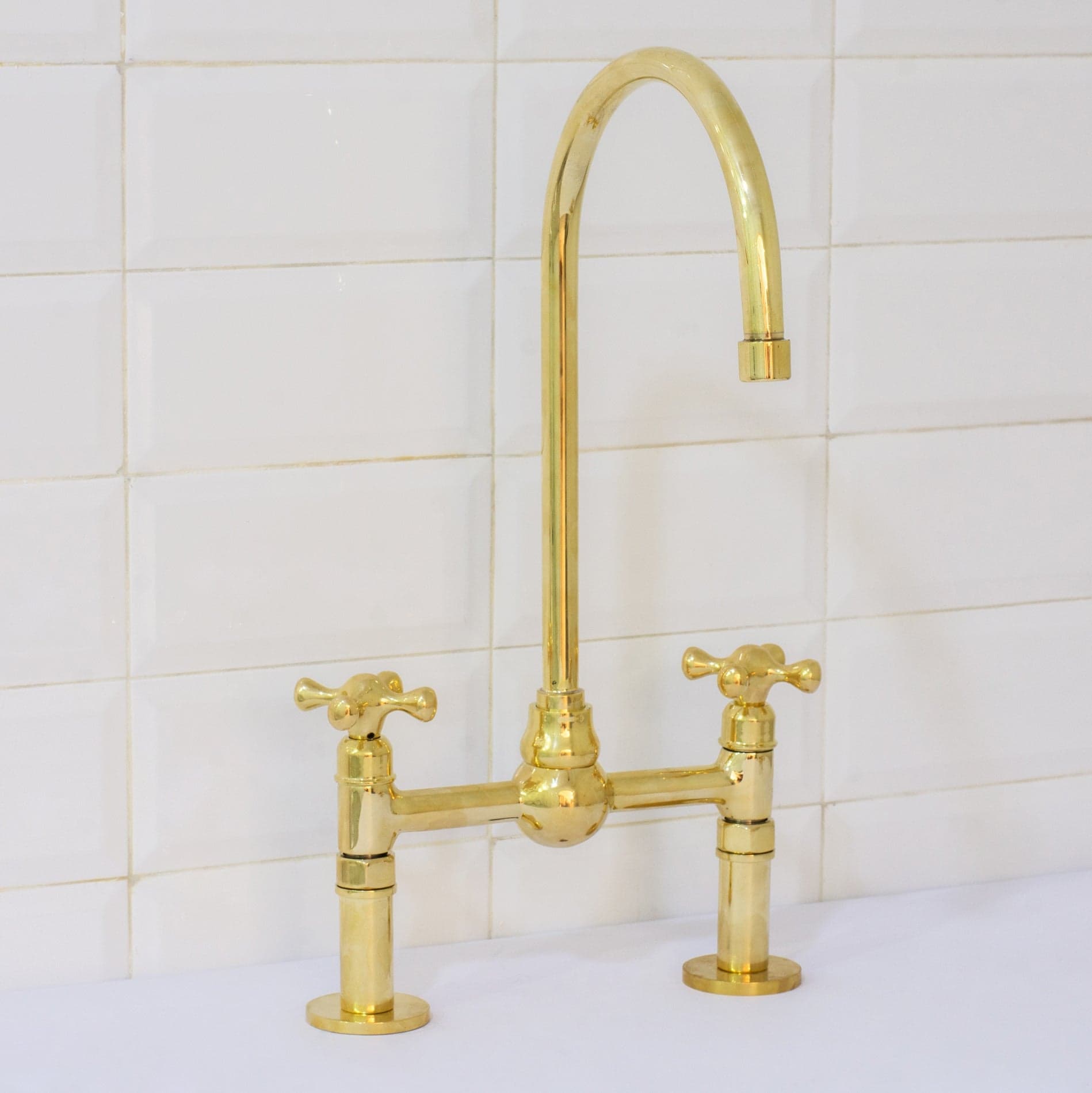 Solid Brass Ball Center Bridge Faucet Straight Legs, Dual Handle Faucet, Bridge Kitchen Faucet, 2-Hole Faucet, Deck Mount Faucet