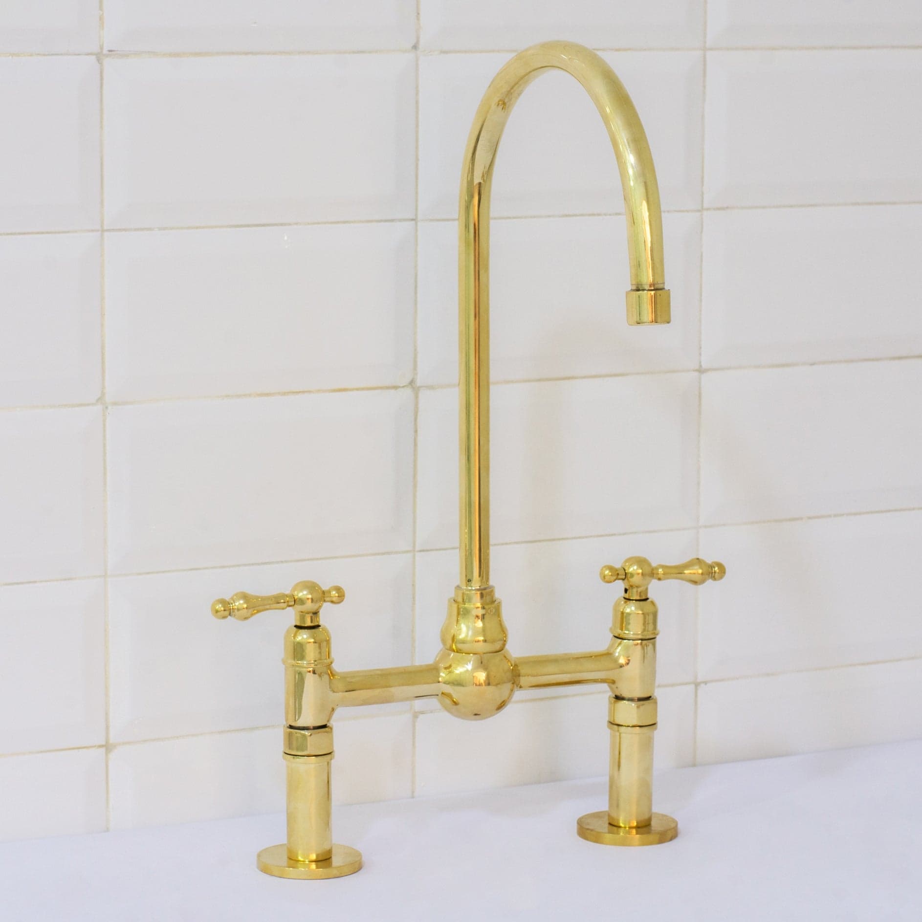 Solid Brass Ball Center Bridge Faucet Straight Legs, Dual Handle Faucet, Bridge Kitchen Faucet, 2-Hole Faucet, Deck Mount Faucet