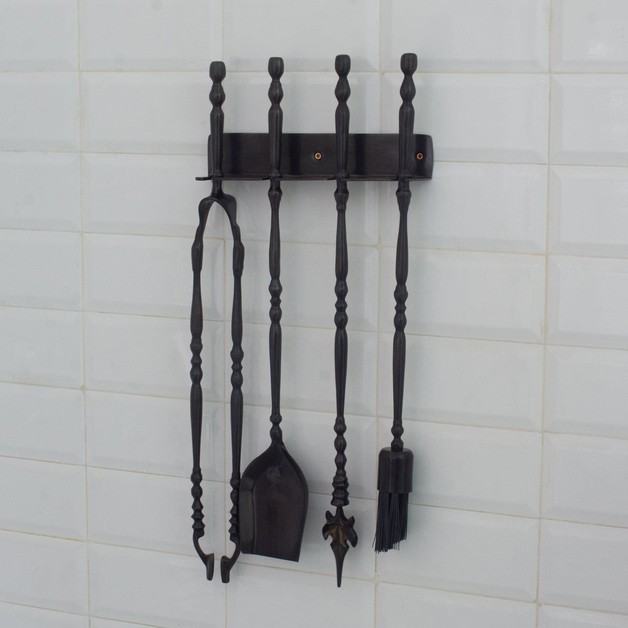 Solid Brass Black Wall-Mounted Fireplace Tool Set | Heavy Fire Tool Rack