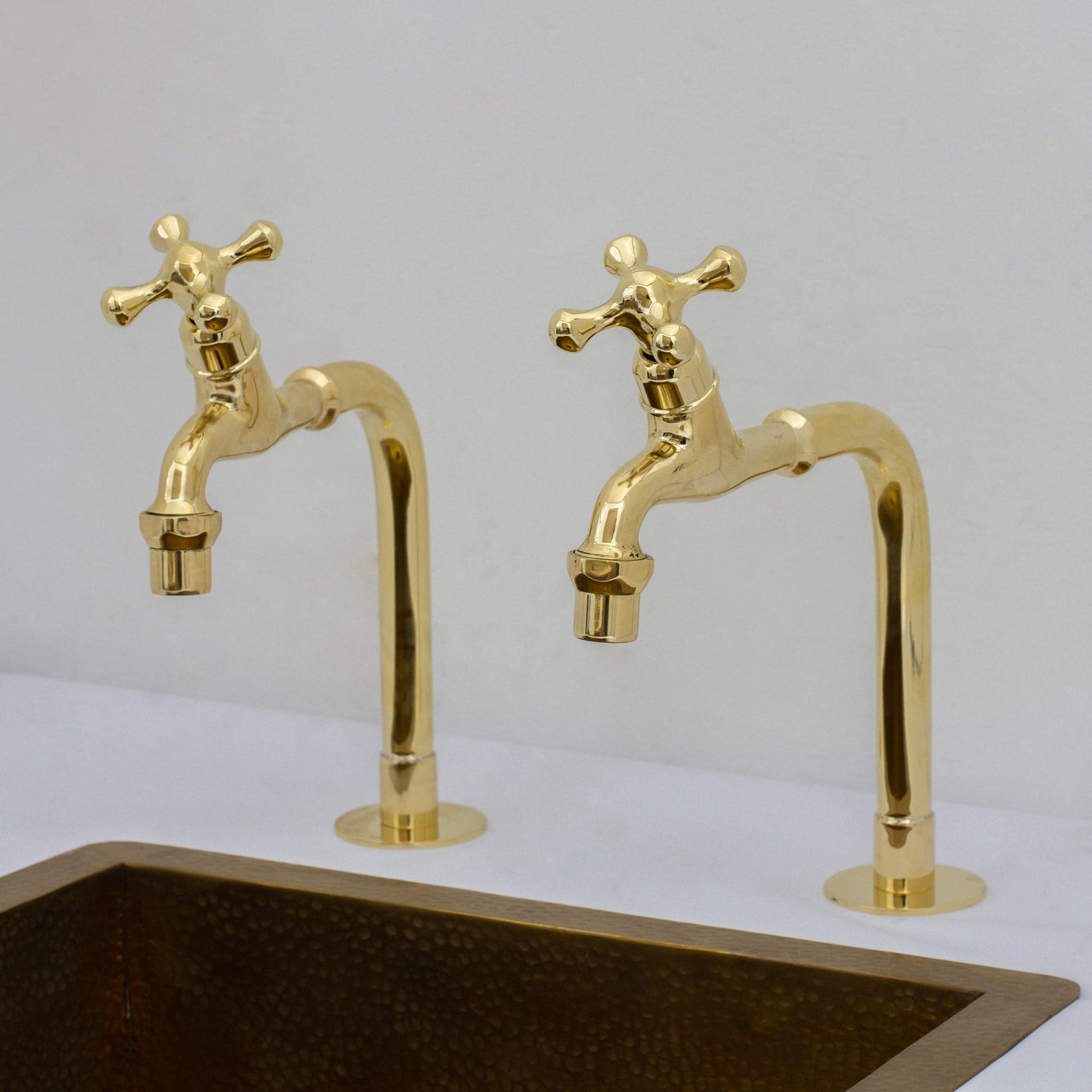 Solid Brass Deck-Mount Kitchen Bib Taps – Double Pillar Faucet Set for Hot & Cold Water