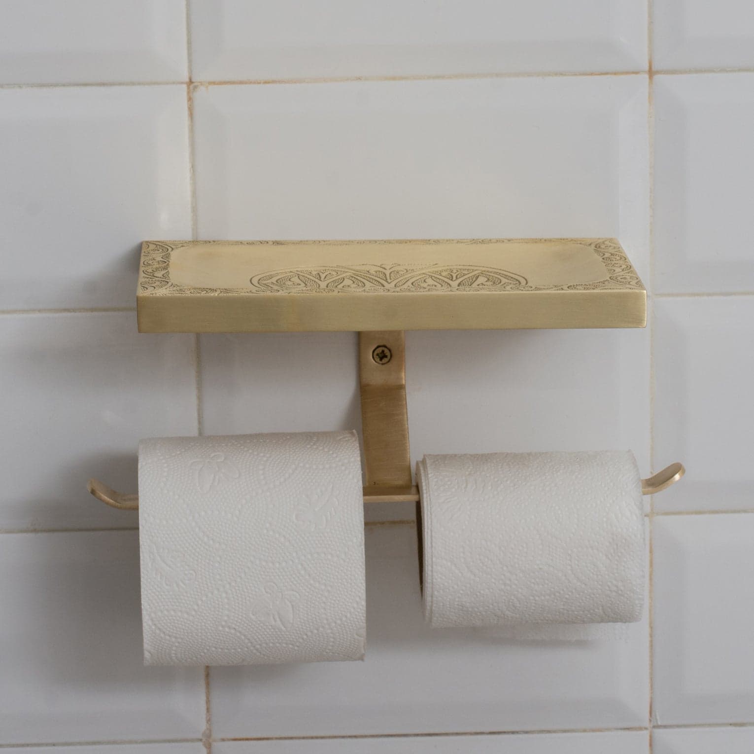 Solid Brass Shelf with TP Holder – Engraved Floating Shelf with Double Hooks – Bathroom Double Toilet Paper Holder