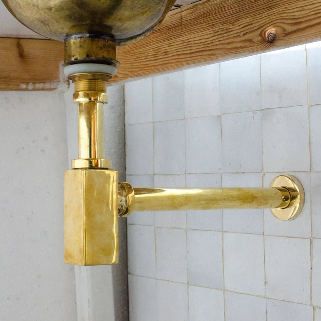 Solid Unlacquered Brass P-trap and Sink Stopper, Push Up Button, Pop Up Drain, Brass Water Trap