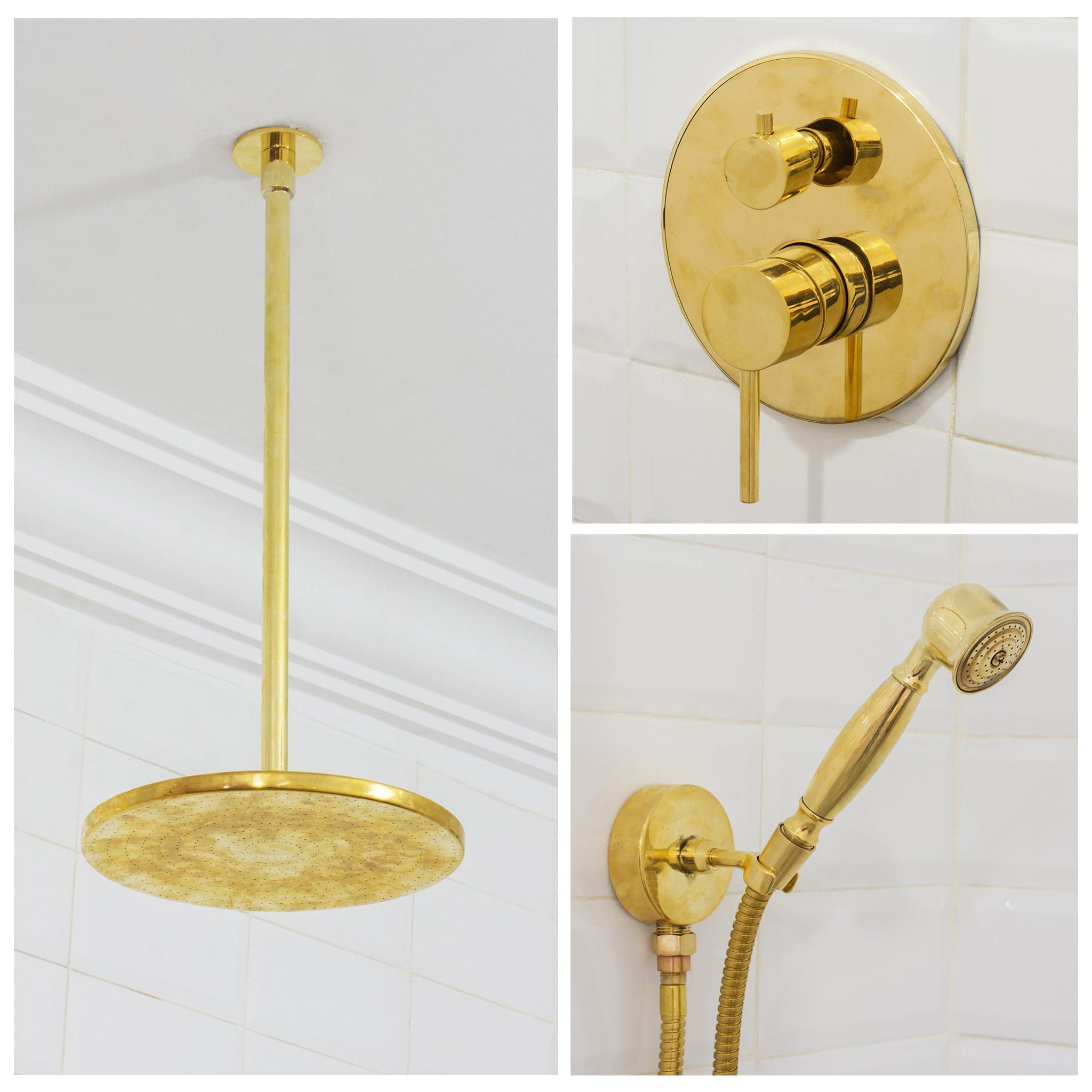 Unlacquered Brass 2-Outlet Shower, Ceiling Shower System, Overhead Shower With Handheld, Ceiling Mount Showerhead And Hand Shower