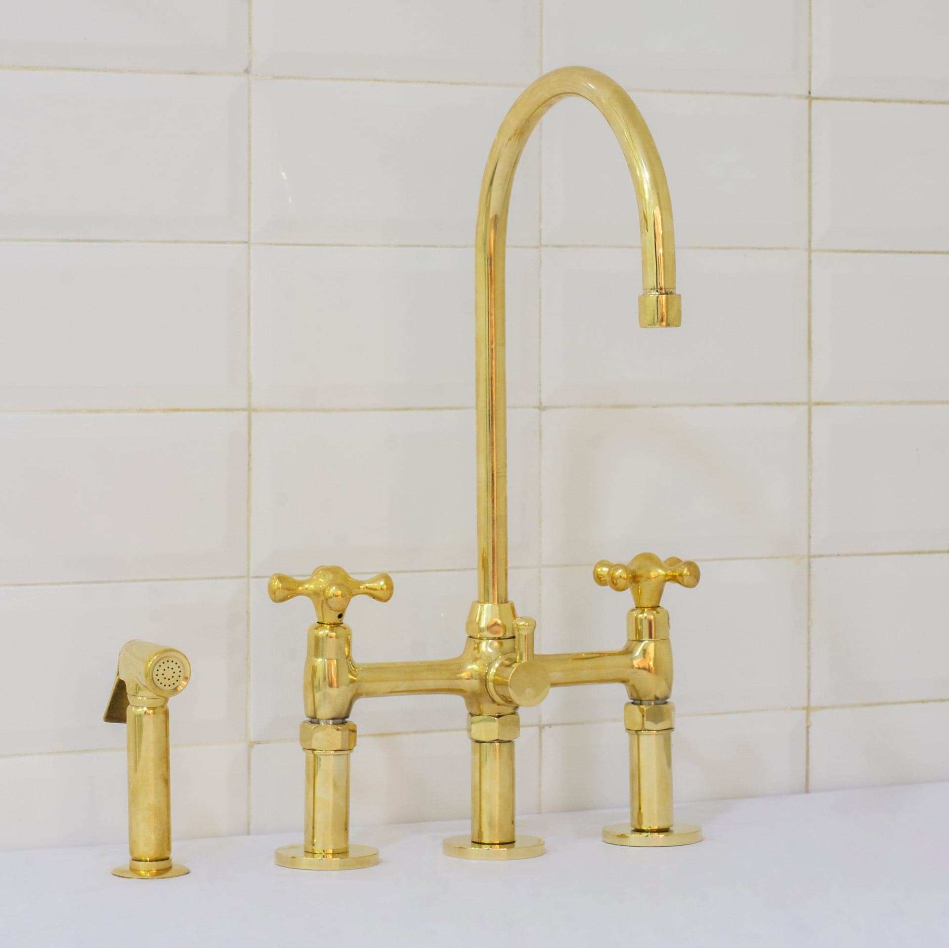 Unlacquered Brass 3-Hole Bridge Faucet With Sprayer, 3 Legs Faucet, Deck Mount Kitchen Faucet
