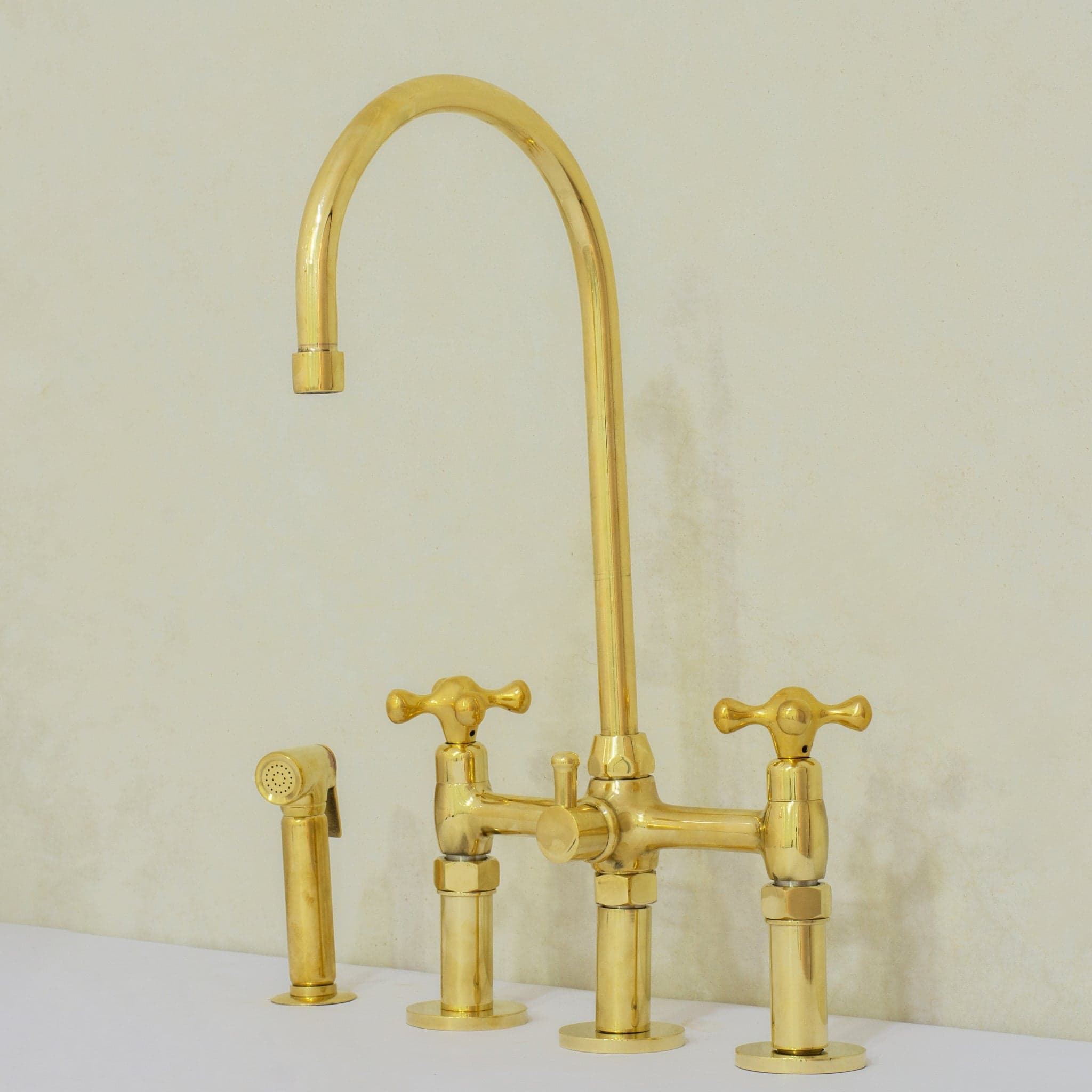 Unlacquered Brass 3-Hole Bridge Faucet With Sprayer, 3 Legs Faucet, Deck Mount Kitchen Faucet