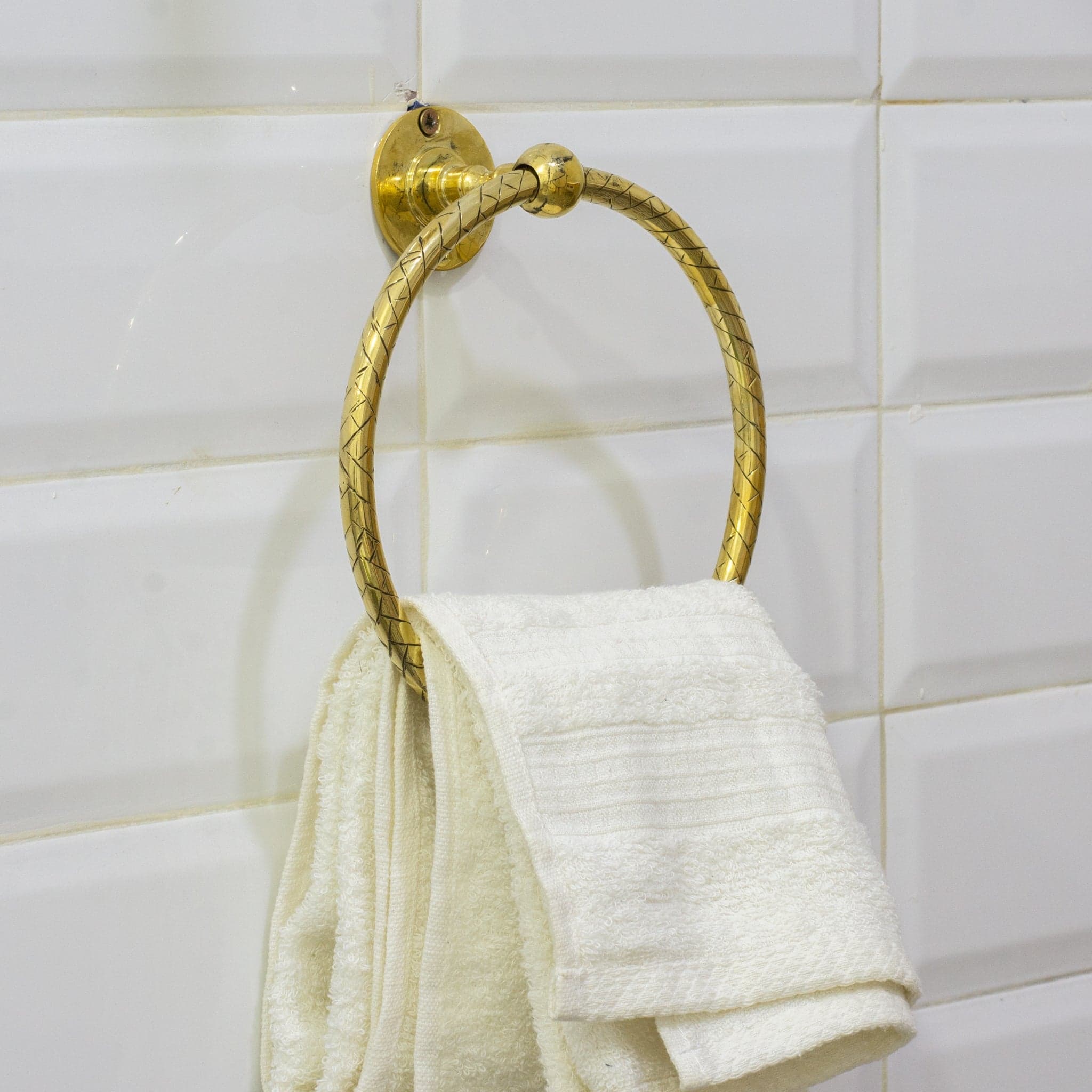 Unlacquered Brass Bathroom Towel Holder, Wall Mount Brass Towel Holder, Hand Etched Towel Ring