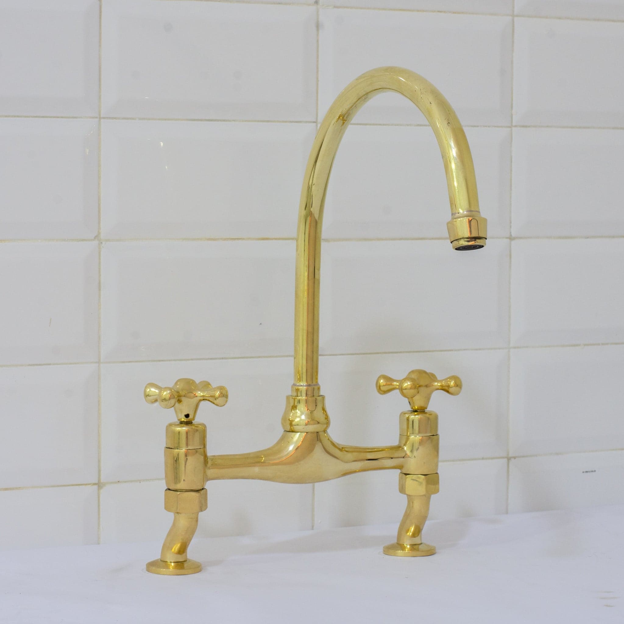 Unlacquered Brass Bridge Curved Legs Faucet, Arched Legs Faucet, Bridge Kitchen Faucet, 2-Hole Kitchen Faucet, Farmhouse Faucet