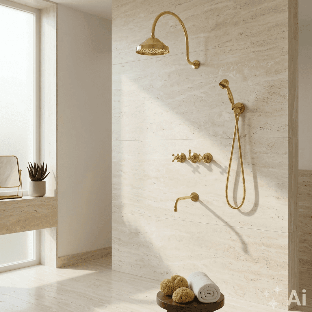 Unlacquered Brass Built-in Shower Gooseneck Arm, 3-Outlet Concealed Hand Shower And Tub Faucet, Rainfall Shower System
