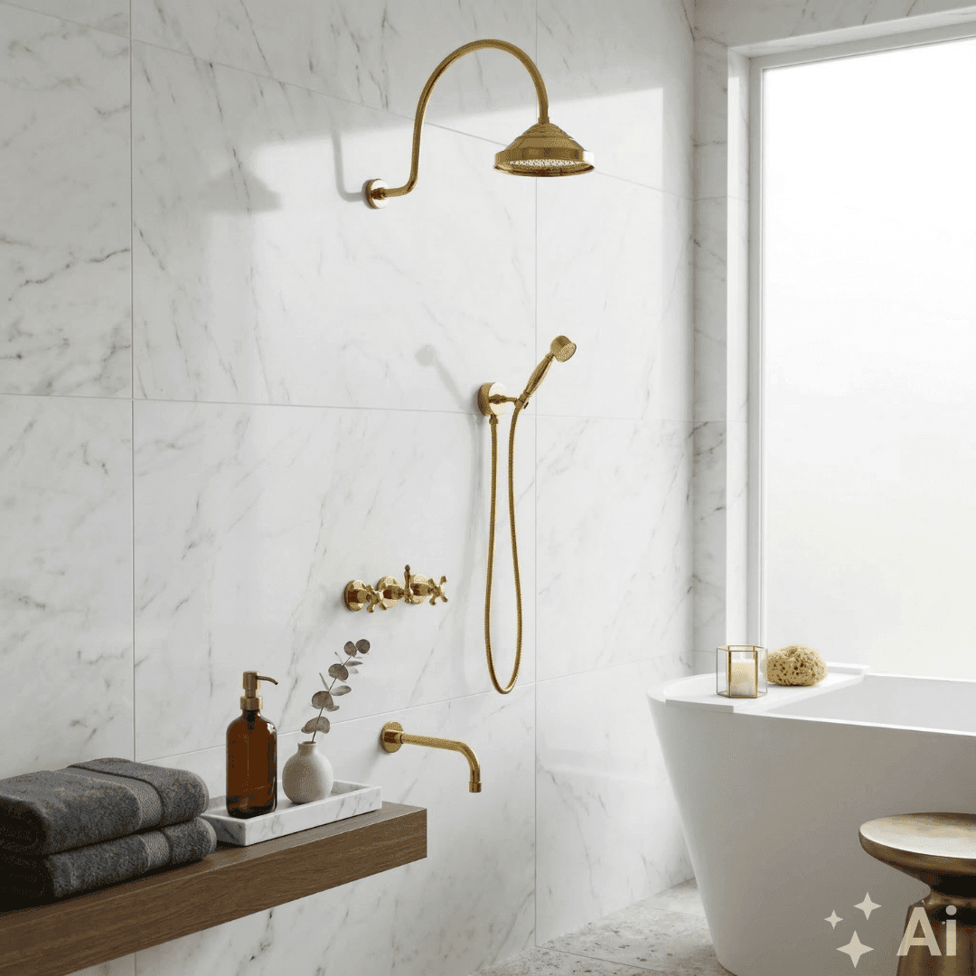 Unlacquered Brass Built-in Shower Gooseneck Arm, 3-Outlet Concealed Hand Shower And Tub Faucet, Rainfall Shower System
