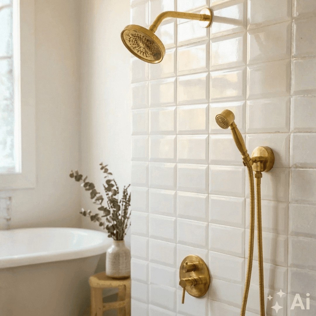 Unlacquered Brass Built-In Shower System | Angled Showerhead & Handheld | Concealed 2-Outlet Set
