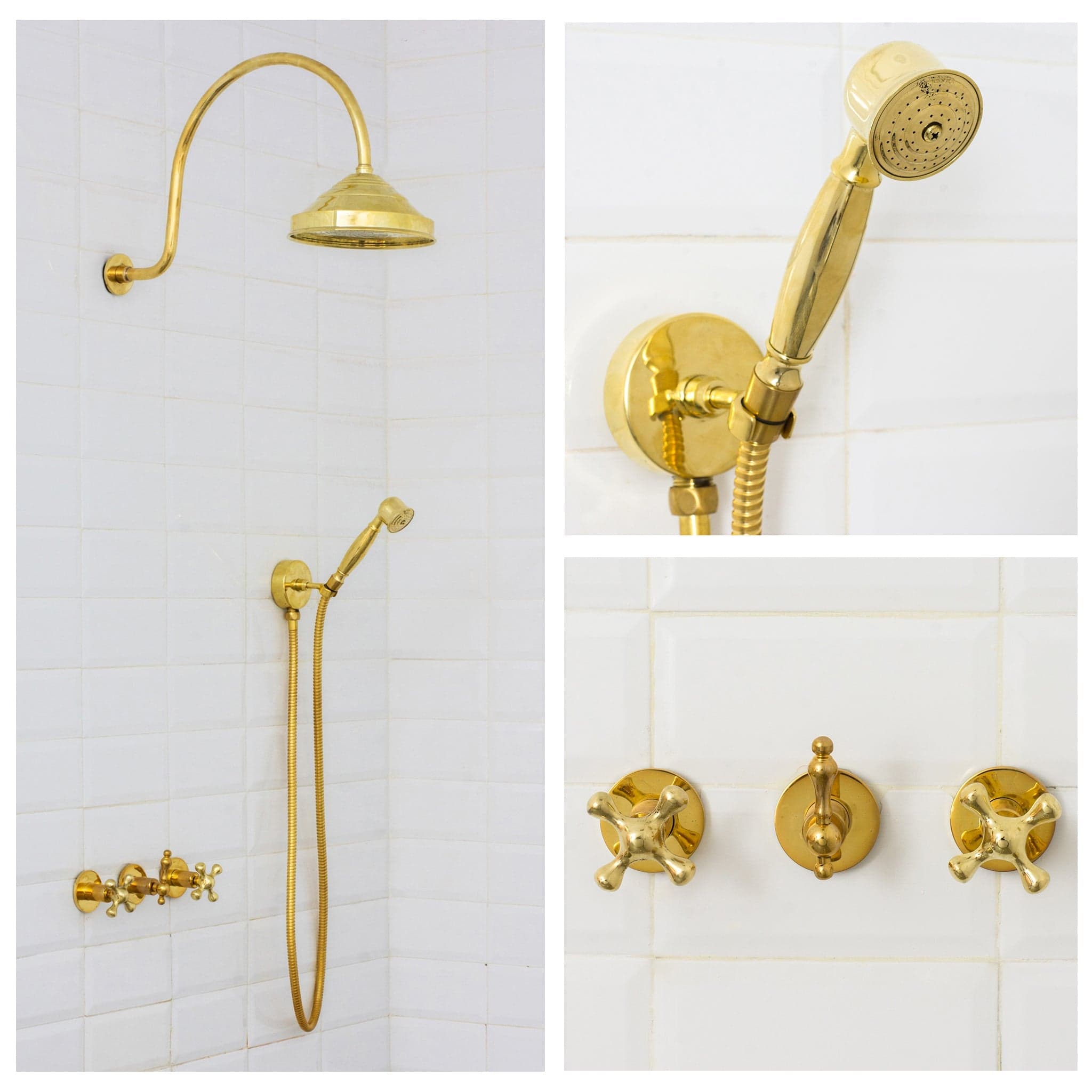 Unlacquered Brass Concealed Shower – Gooseneck Rainfall Arm with Handheld, 2-Outlet Shower System