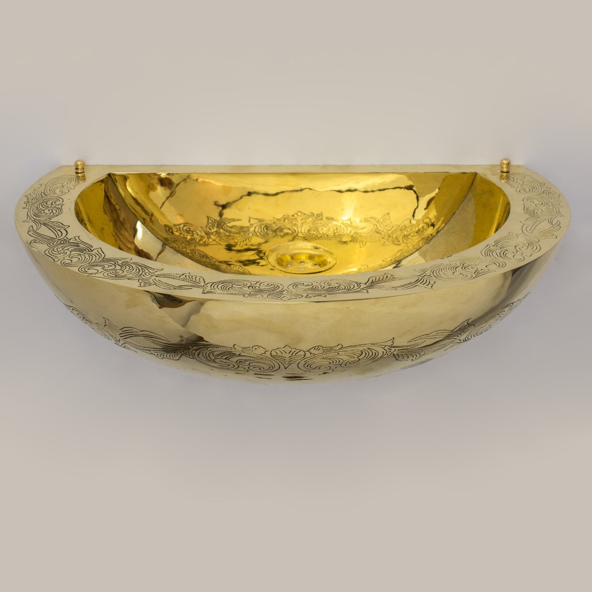 Unlacquered Brass Wall Hung Basin, Engraved Wall-Mounted Bathroom Sink