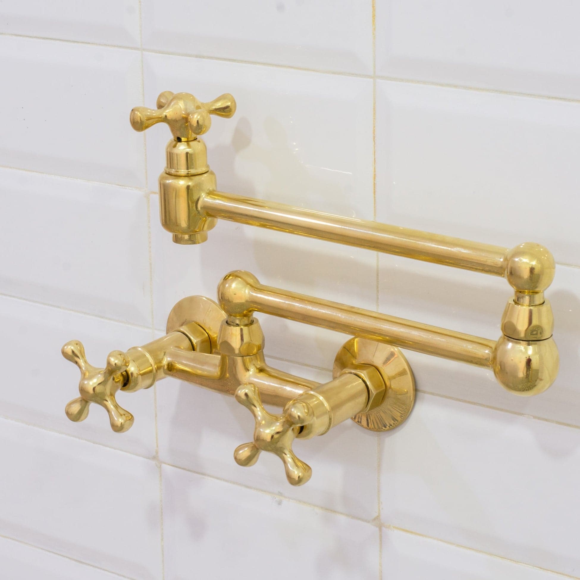 Unlacquered Brass Wall Mount Faucet, Brass Kitchen Faucet, Dual Handle Faucet