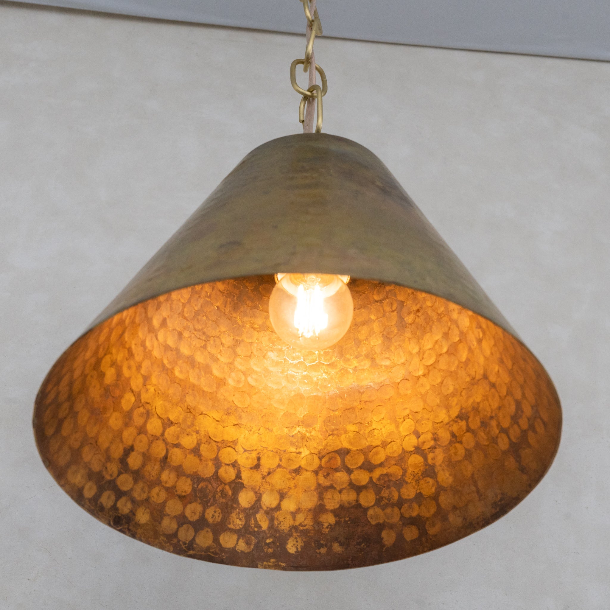 Aged Brass Cone Pendant Light - Industrial Hand-Hammered Tapered Lamp alternate view 7