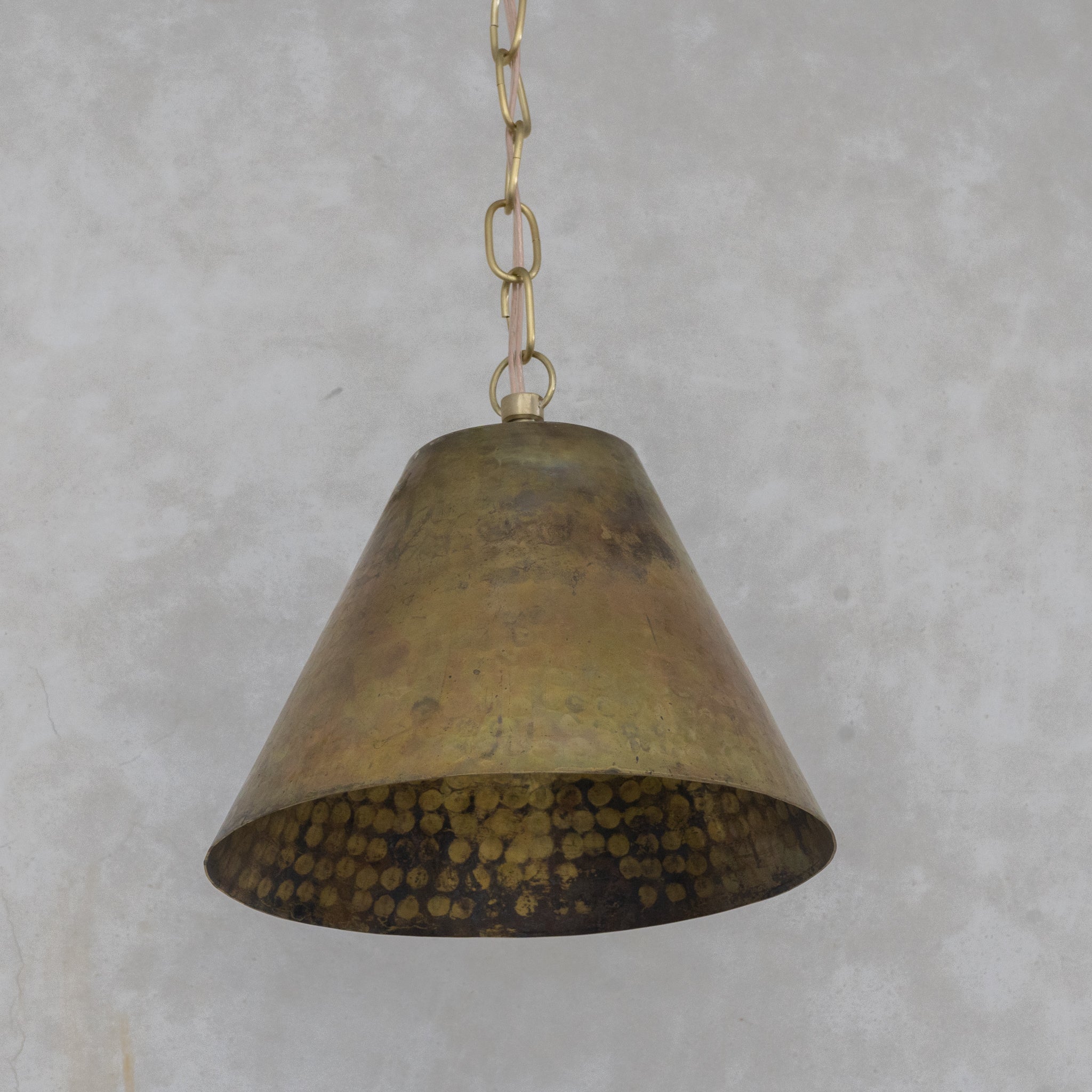 Aged Brass Cone Pendant Light - Industrial Hand-Hammered Tapered Lamp alternate view 6