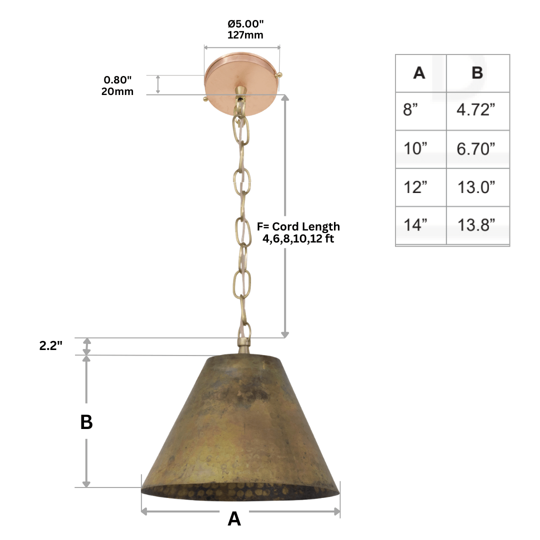 Aged Brass Cone Pendant Light - Industrial Hand-Hammered Tapered Lamp alternate view 11