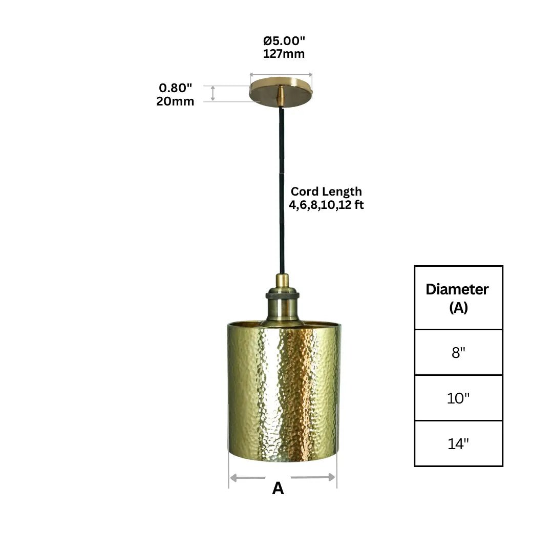 Brass Pendant Light, Hammered Brass Cylindric Pendant Light, Ceiling Light alternate view 6