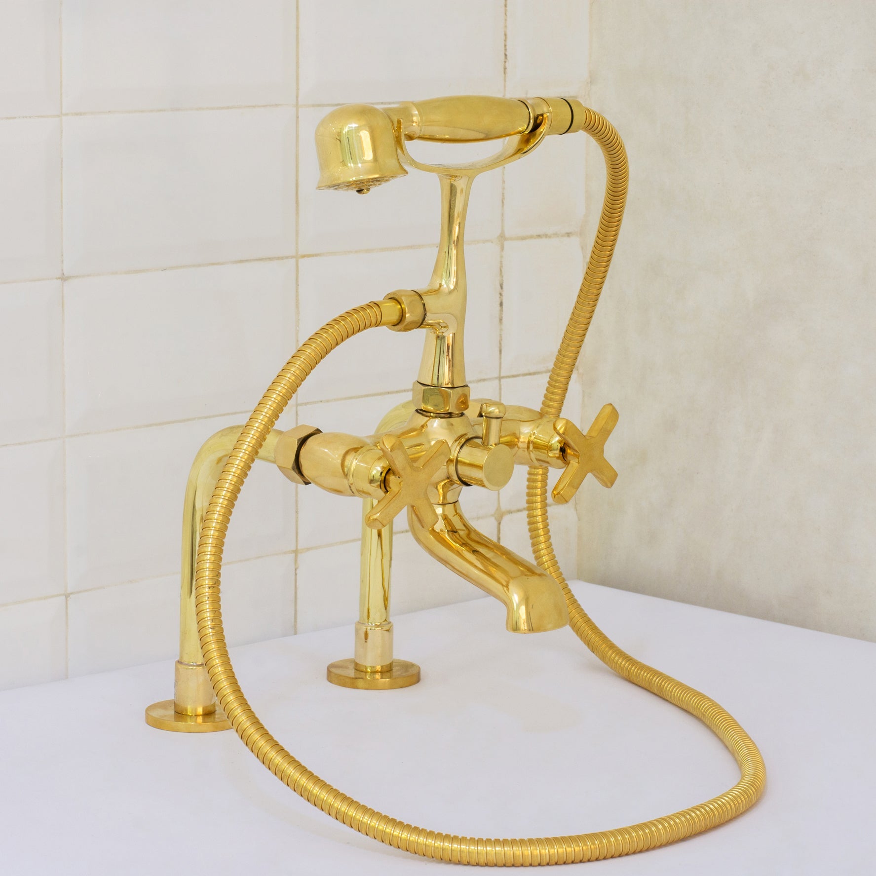 Brass Telephone Tub Filler With Handheld Shower, Deck Mount Tub Filler Handshower, Brass Tub Faucet, 3-Handle Telephone Faucet alternate view 6