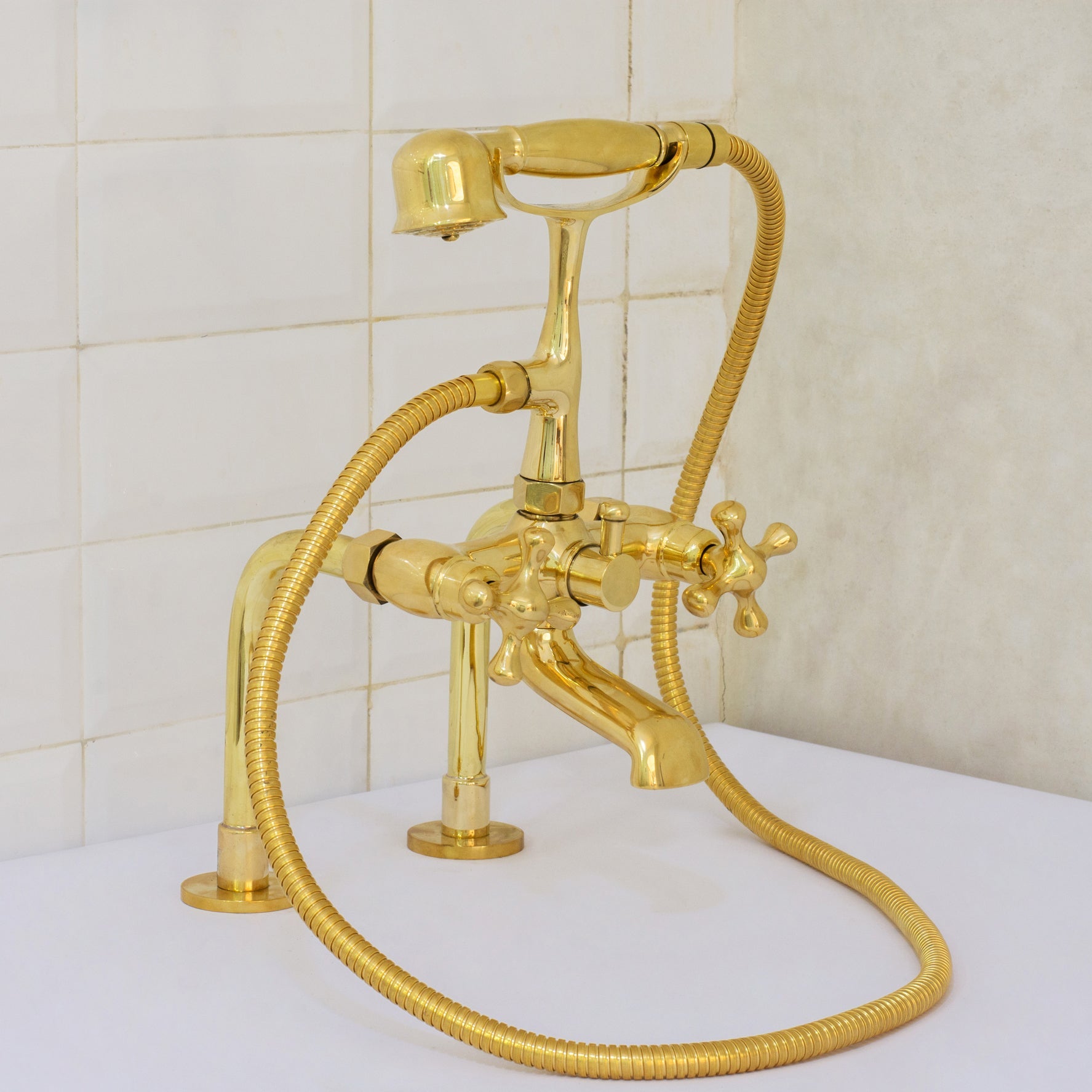 Brass Telephone Tub Filler With Handheld Shower, Deck Mount Tub Filler Handshower, Brass Tub Faucet, 3-Handle Telephone Faucet alternate view 4