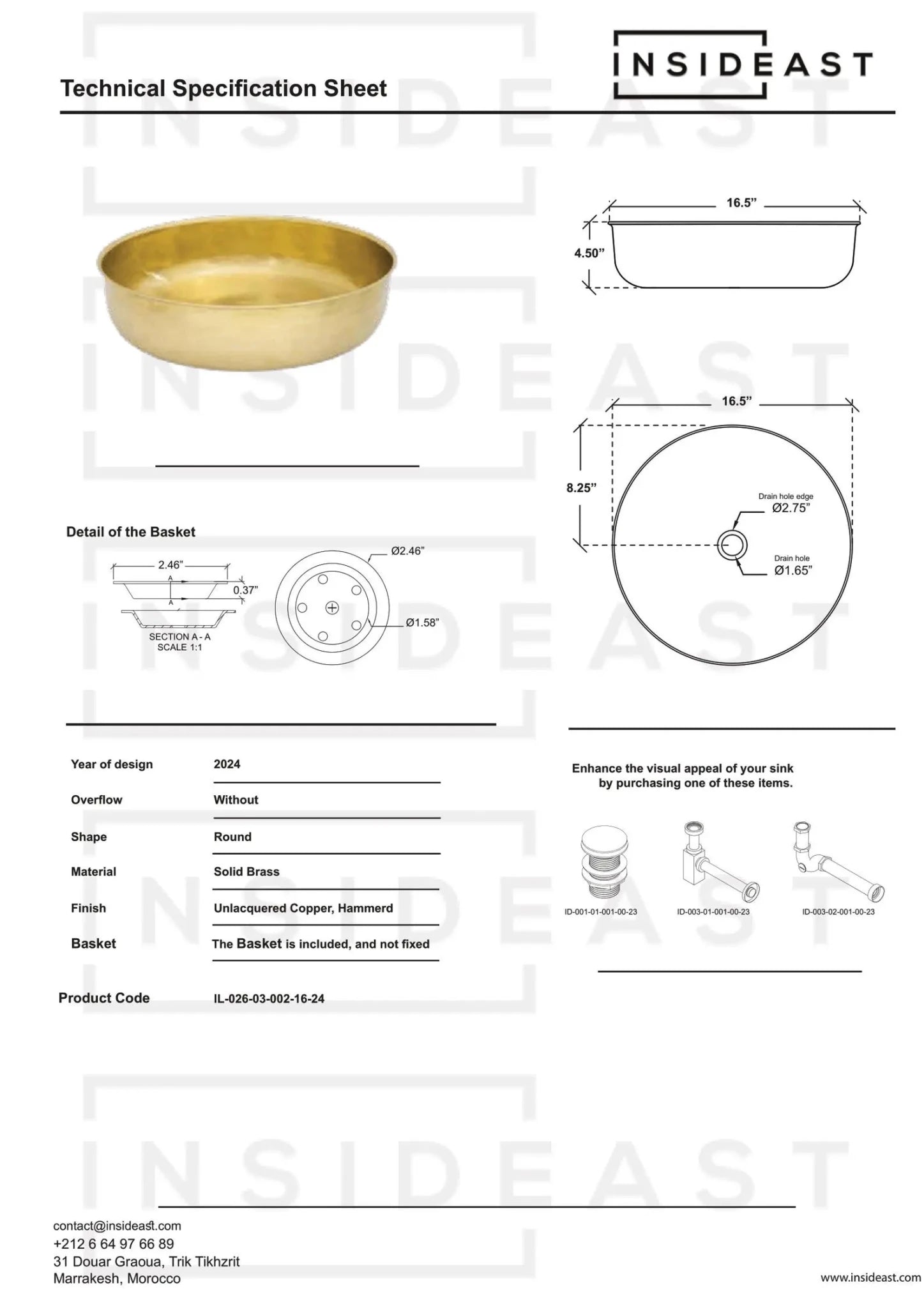 Brushed Brass Bathroom Vessel Sink, Solid Brass Powder Room Basin alternate view 6
