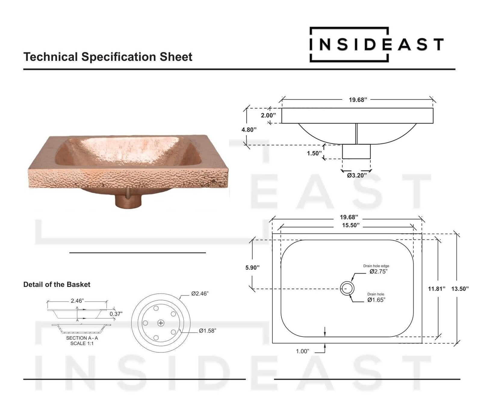 Customizable Raised Profile Bathroom Copper Sink, Hammered Copper Rectangular Sink, Vanity Sink Copper alternate view 10