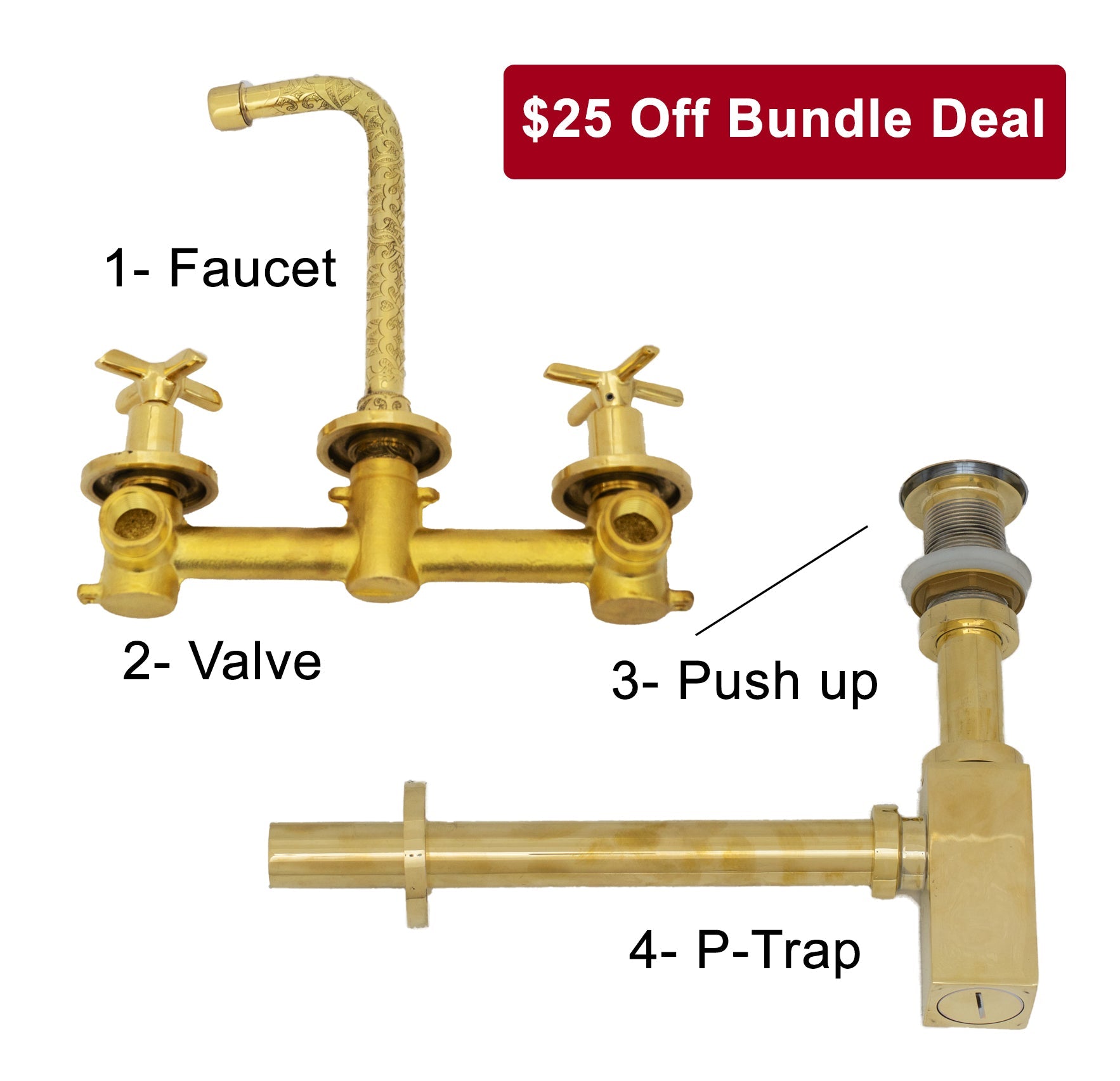 Engraved Solid Brass Built-in Faucet, Unlacquered Bathroom Sink Faucet alternate view 17