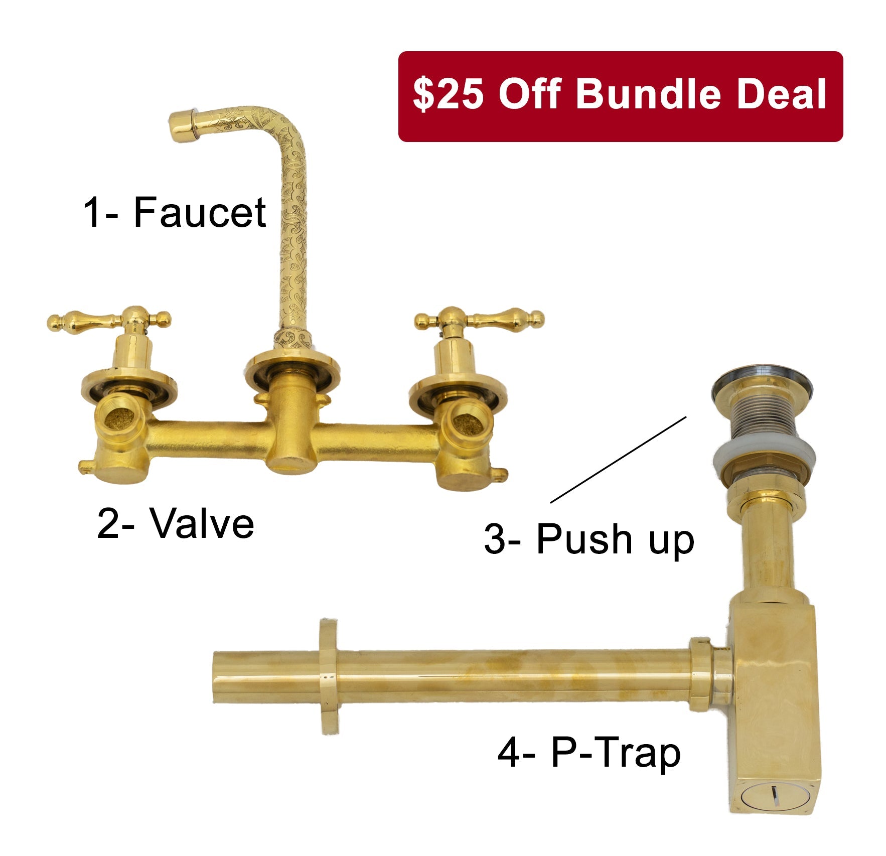 Engraved Solid Brass Built-in Faucet, Unlacquered Bathroom Sink Faucet alternate view 18