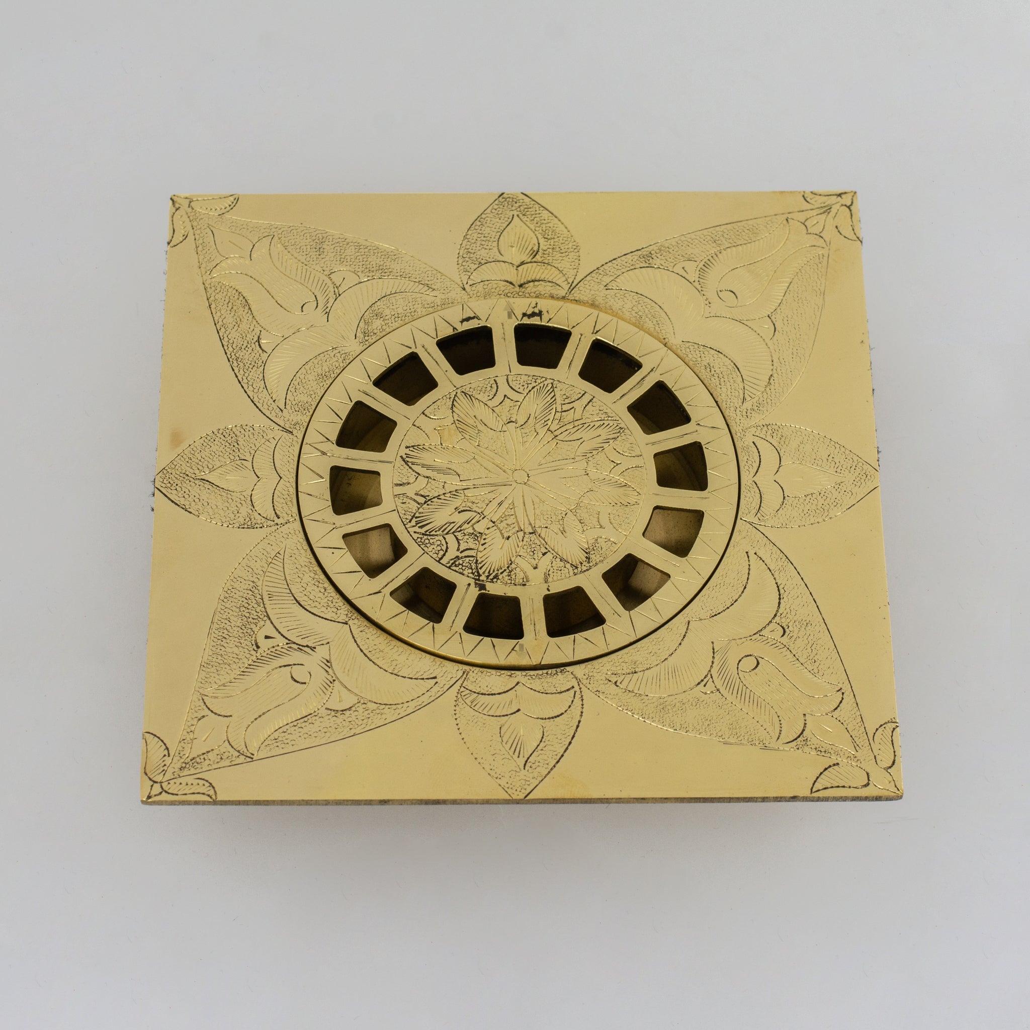 Engraved Traditional Style Brass Floor Drain | Shower floor alternate view 2
