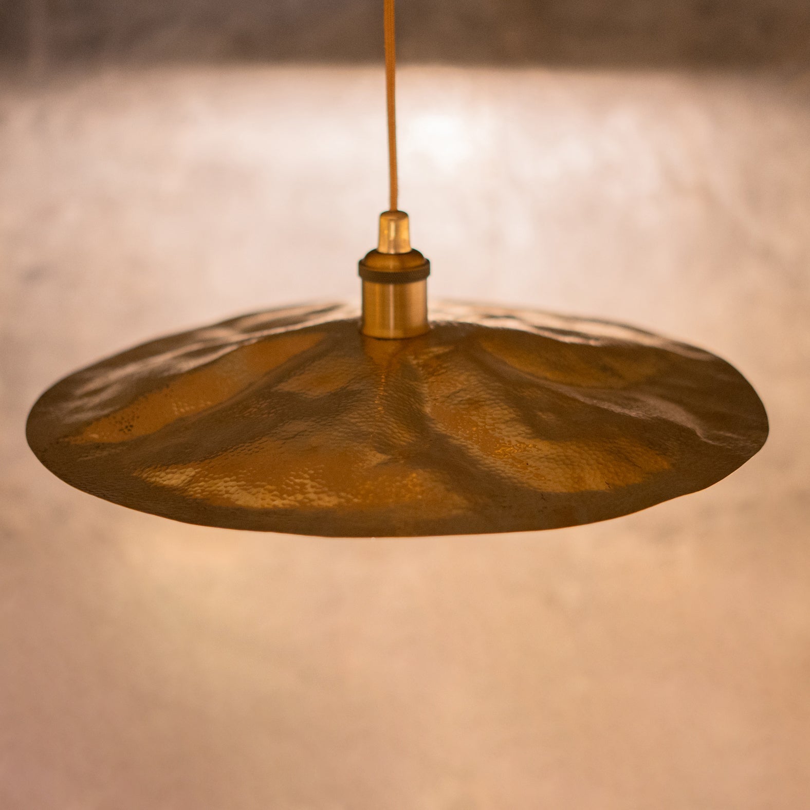 Hammered Brass Flat Disc Pendant Light, Brass Plate Lampshade, Flat Circle Shade alternate view 4