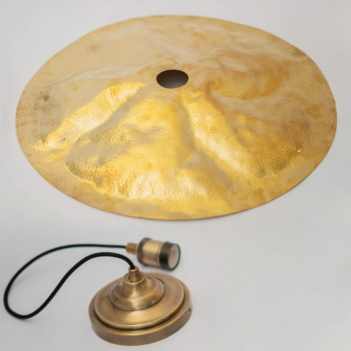 Hammered Brass Flat Disc Pendant Light, Brass Plate Lampshade, Flat Circle Shade alternate view 8
