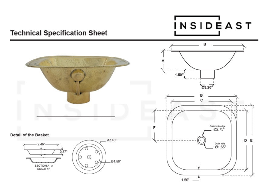 Hammered Brass Sink, Square Drop-in Brass Bathroom Sink, Hammered Antique Brass Sink alternate view 9