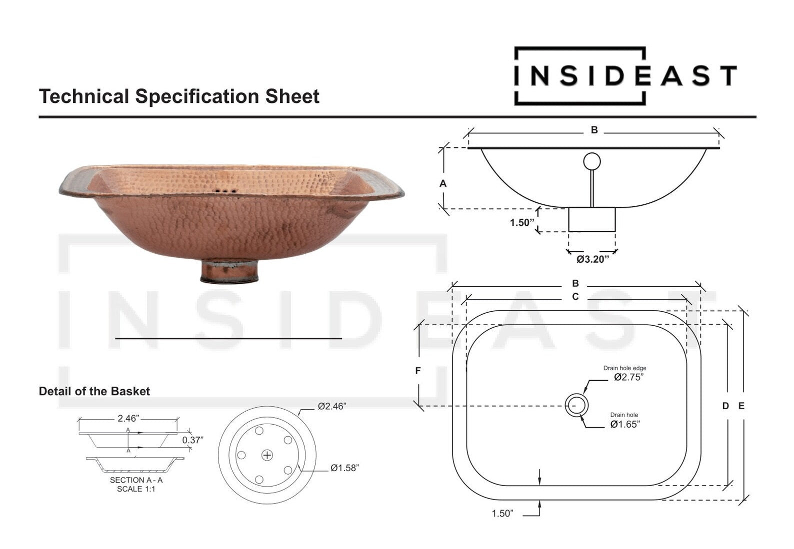 Hammered Copper Sink, Drop-in Brass Bathroom Sink, Antique Copper Sink, Bathroom Aged Copper sink alternate view 6