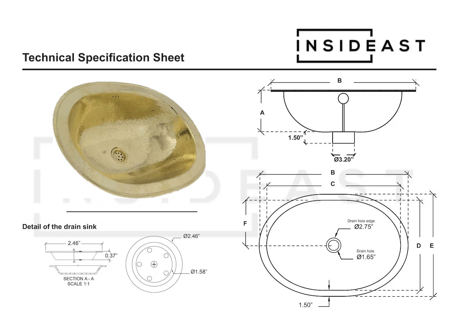 Hammered Oval Brass Sink – Drop-In Antique Brass Bathroom Sink | Aged Solid Brass Basin alternate view 8