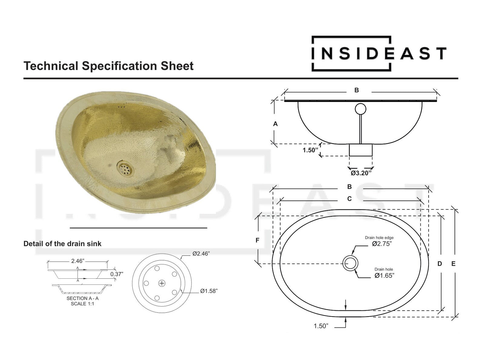 Hammered Oval Brass Sink, Drop-in Brass Bathroom Sink, Antique Brass Sink alternate view 7