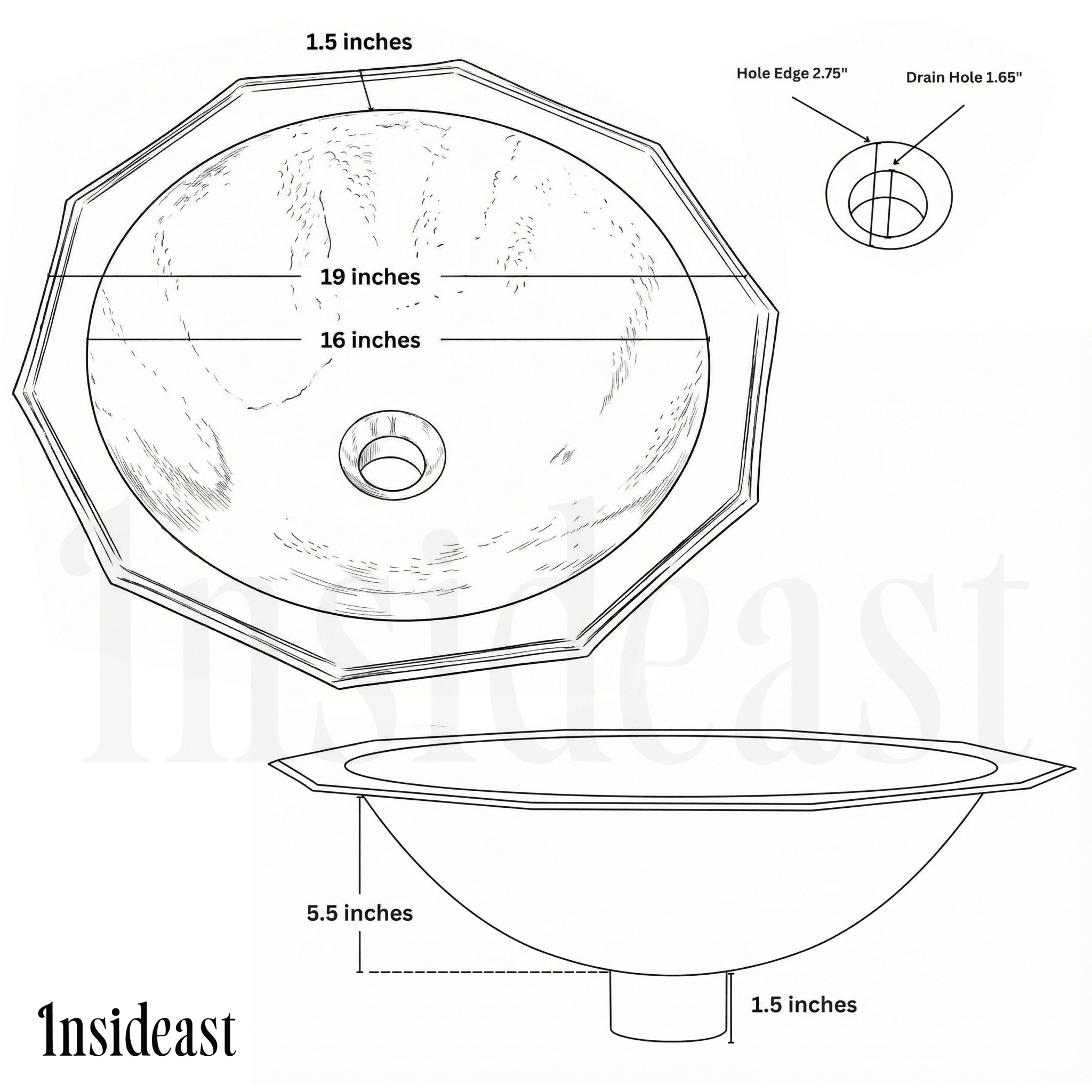 Handcrafted Decagon Solid Brass Hammered Sink | Drop-In alternate view 7