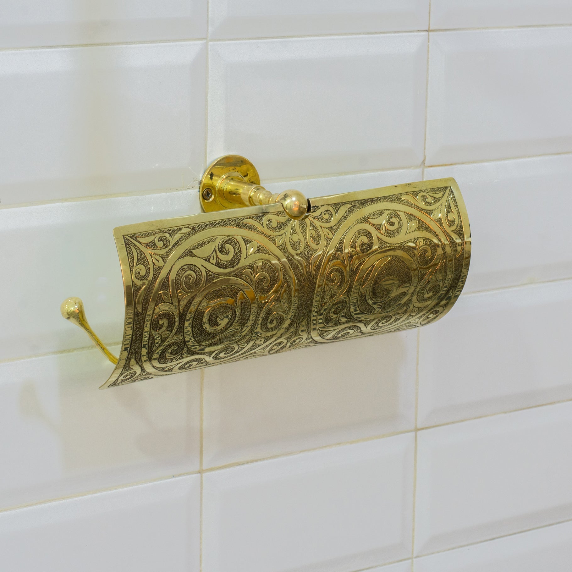 Handcrafted Unlacquered Brass Double Toilet Paper Holder | Engraved Sliding Cover alternate view 12