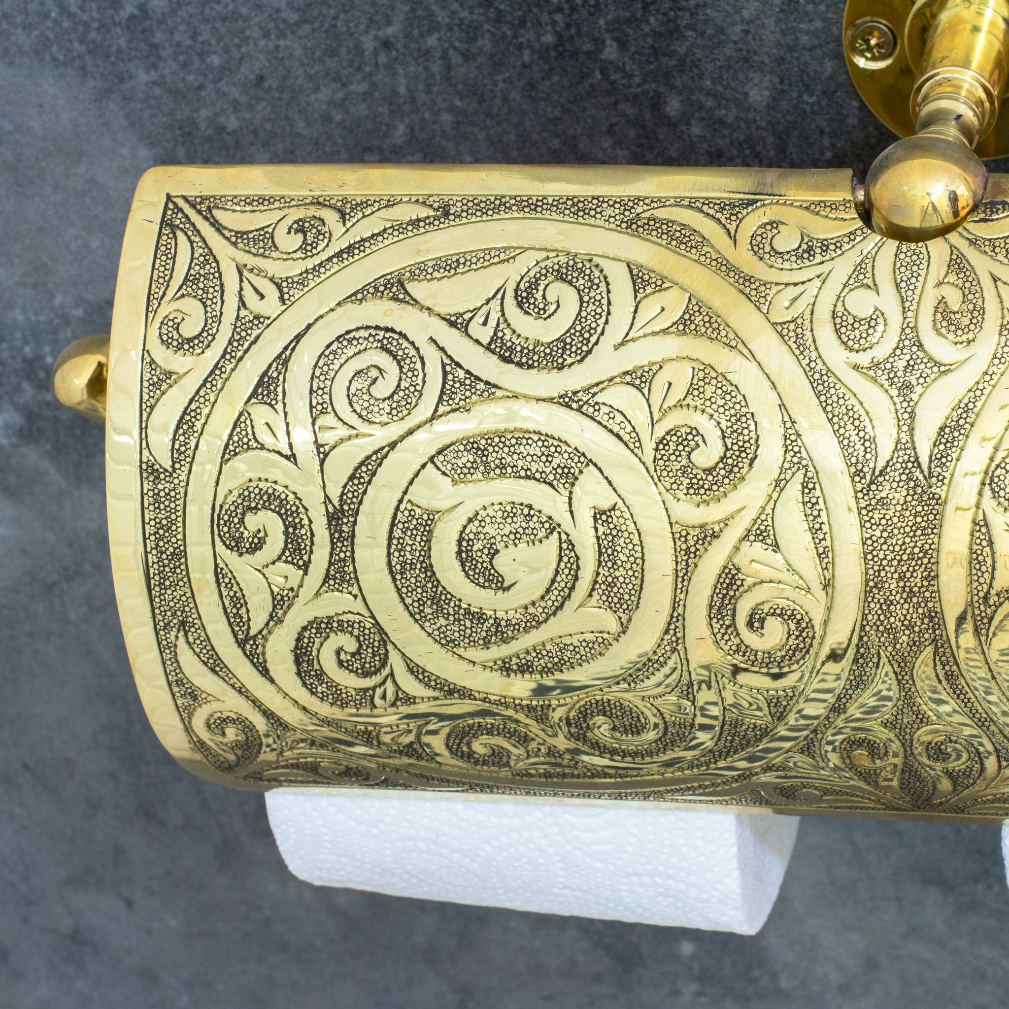 Handcrafted Unlacquered Brass Double Toilet Paper Holder | Engraved Sliding Cover alternate view 4