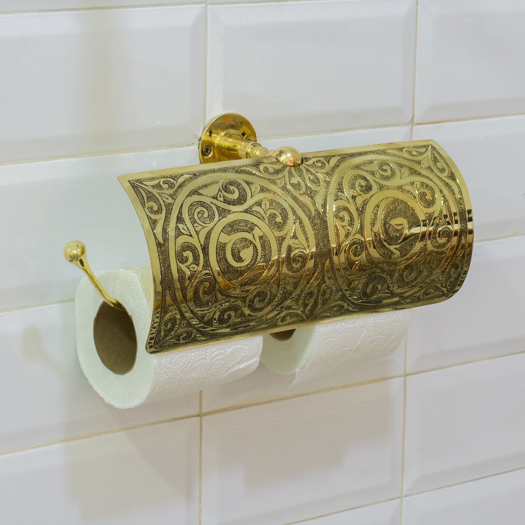 Handcrafted Unlacquered Brass Double Toilet Paper Holder | Engraved Sliding Cover alternate view 6