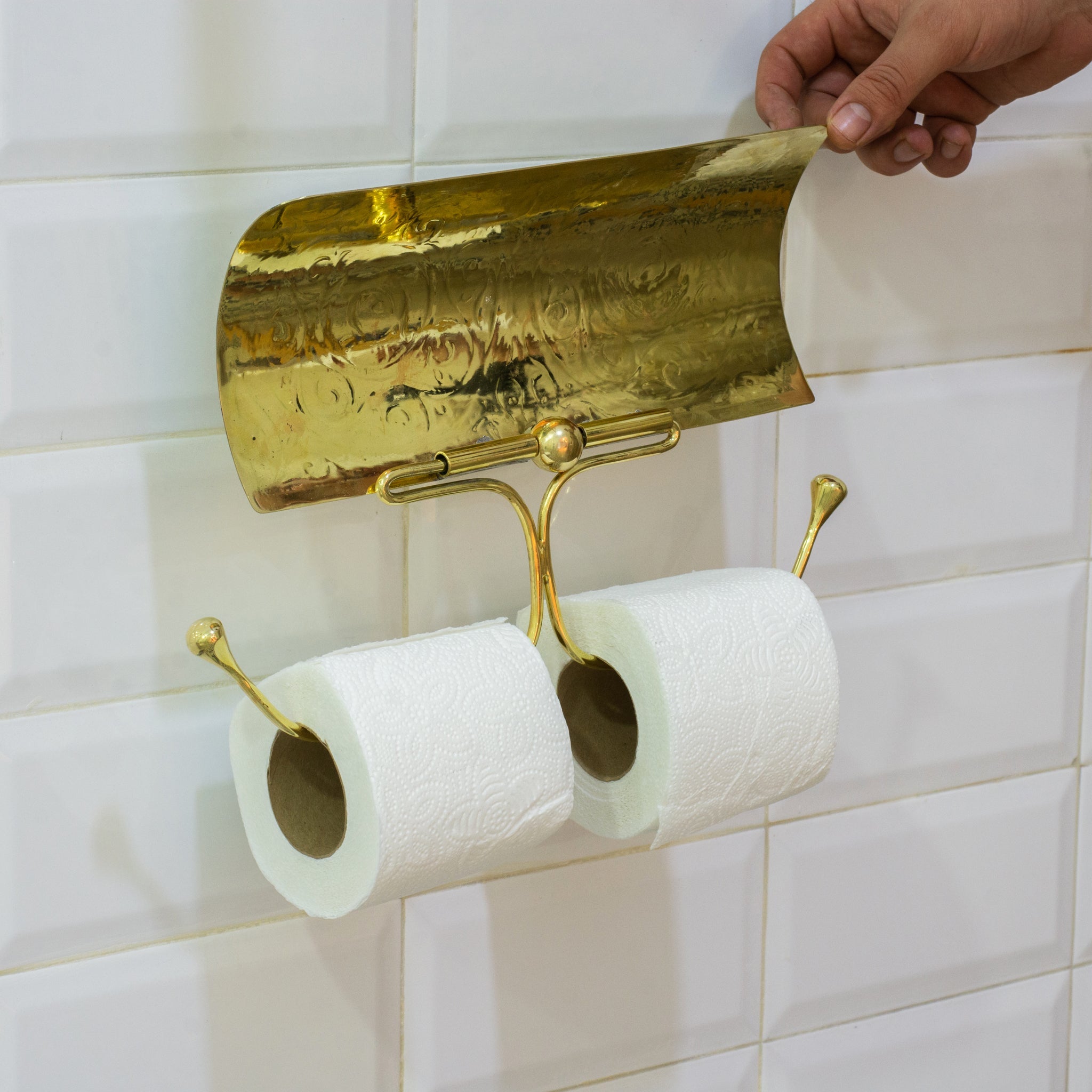 Handcrafted Unlacquered Brass Double Toilet Paper Holder | Engraved Sliding Cover alternate view 5