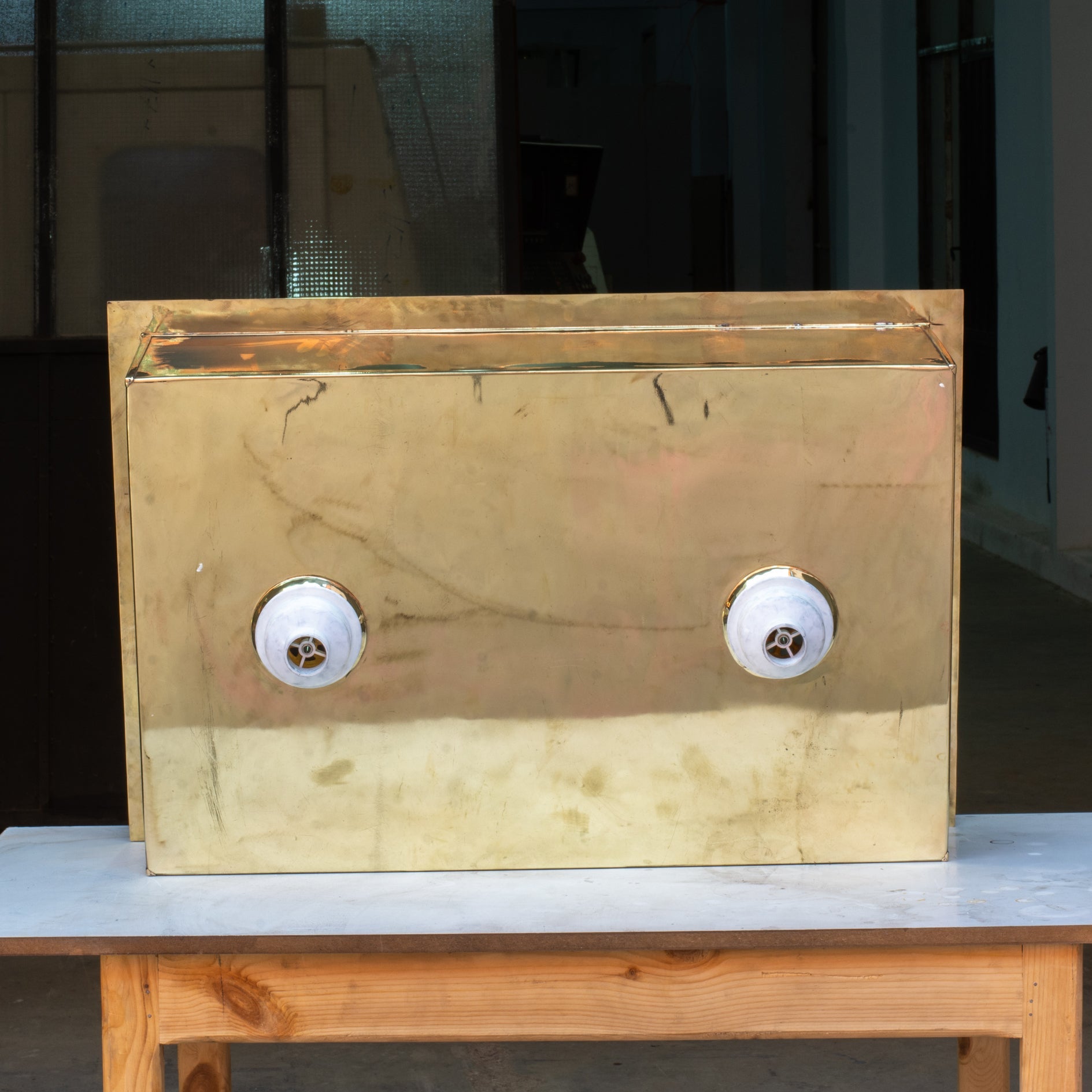 Smooth Unlacquered Brass Farmhouse Kitchen Sink | Double Drain alternate view 2