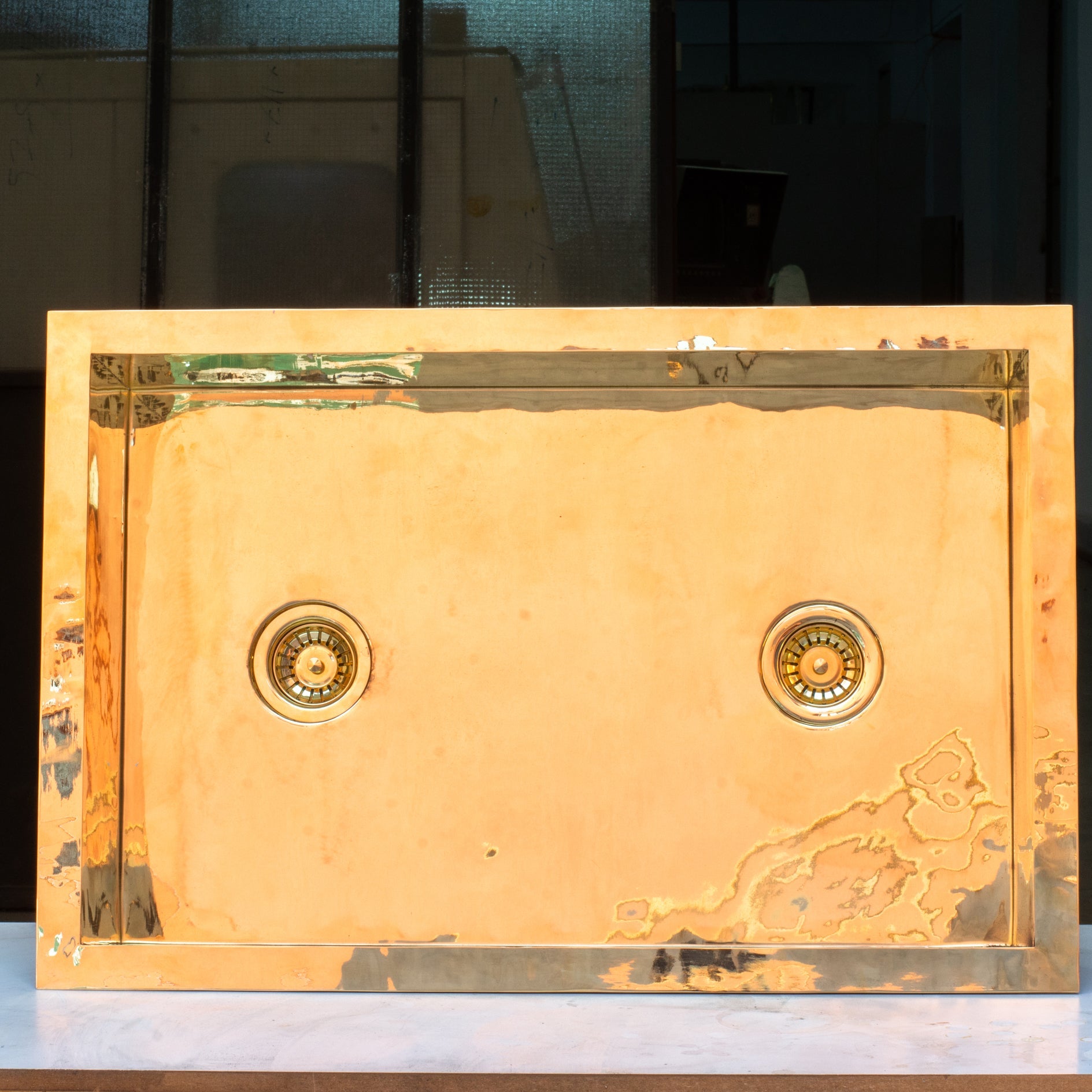 Smooth Unlacquered Brass Farmhouse Kitchen Sink | Double Drain