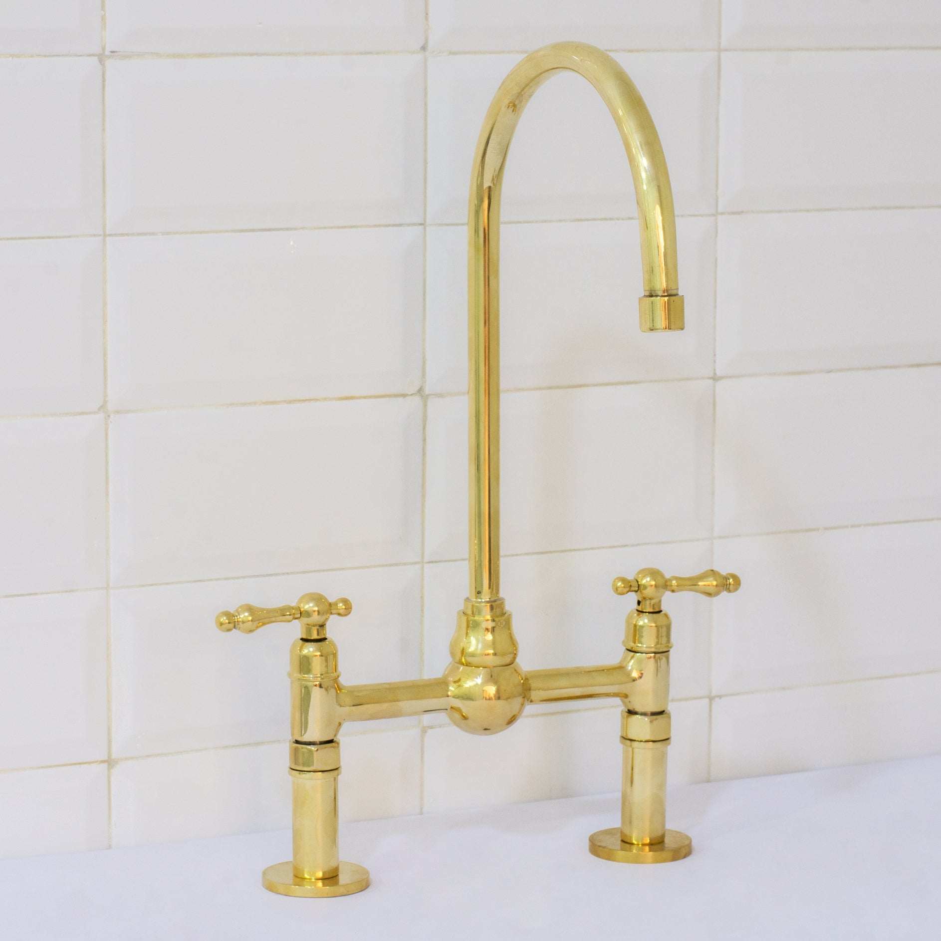 Solid Brass Ball Center Bridge Faucet Straight Legs, Dual Handle Faucet, Bridge Kitchen Faucet, 2-Hole Faucet, Deck Mount Faucet