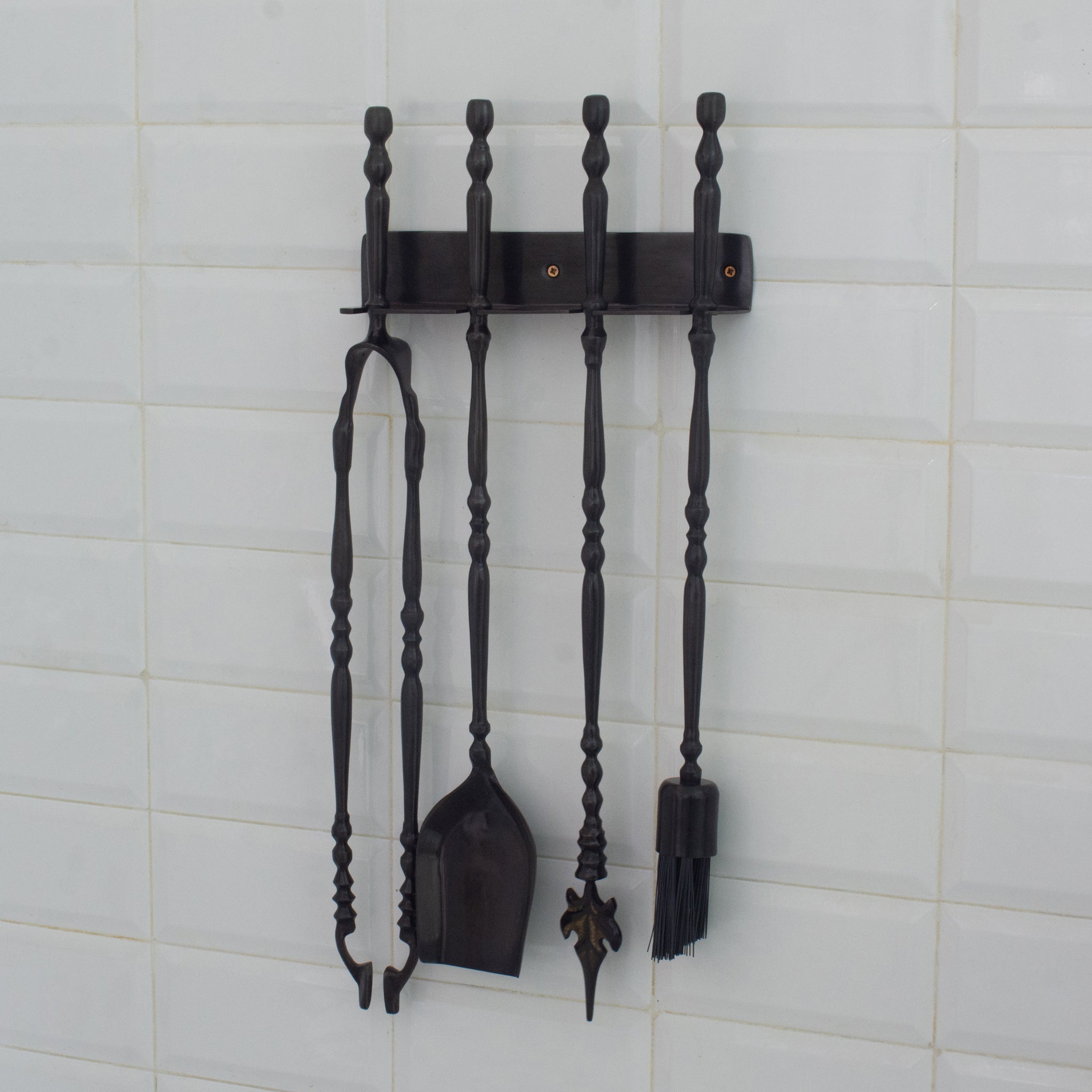 Solid Brass Black Wall-Mounted Fireplace Tool Set | Heavy Fire Tool Rack alternate view 2