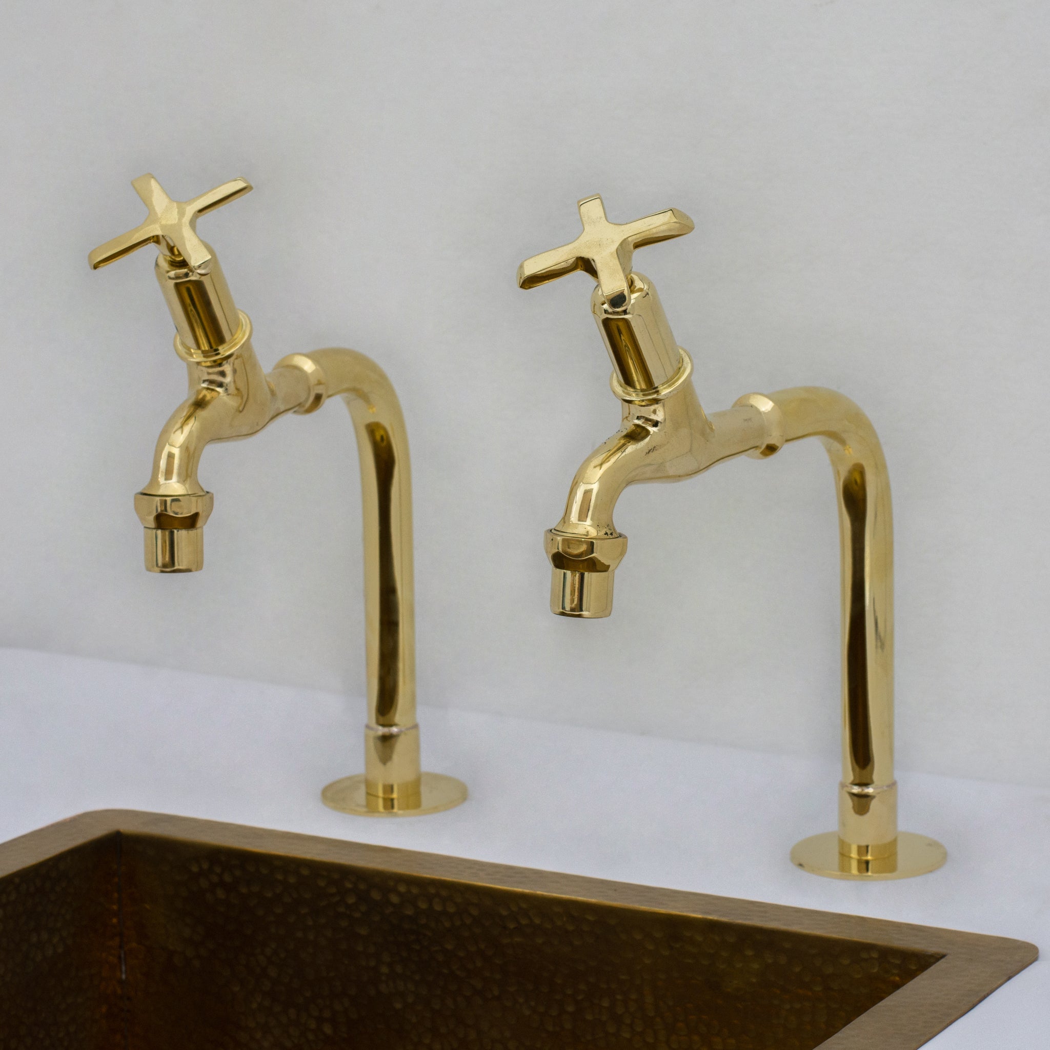 Solid Brass Deck-Mount Kitchen Bib Taps – Double Pillar Faucet Set for Hot & Cold Water alternate view 11