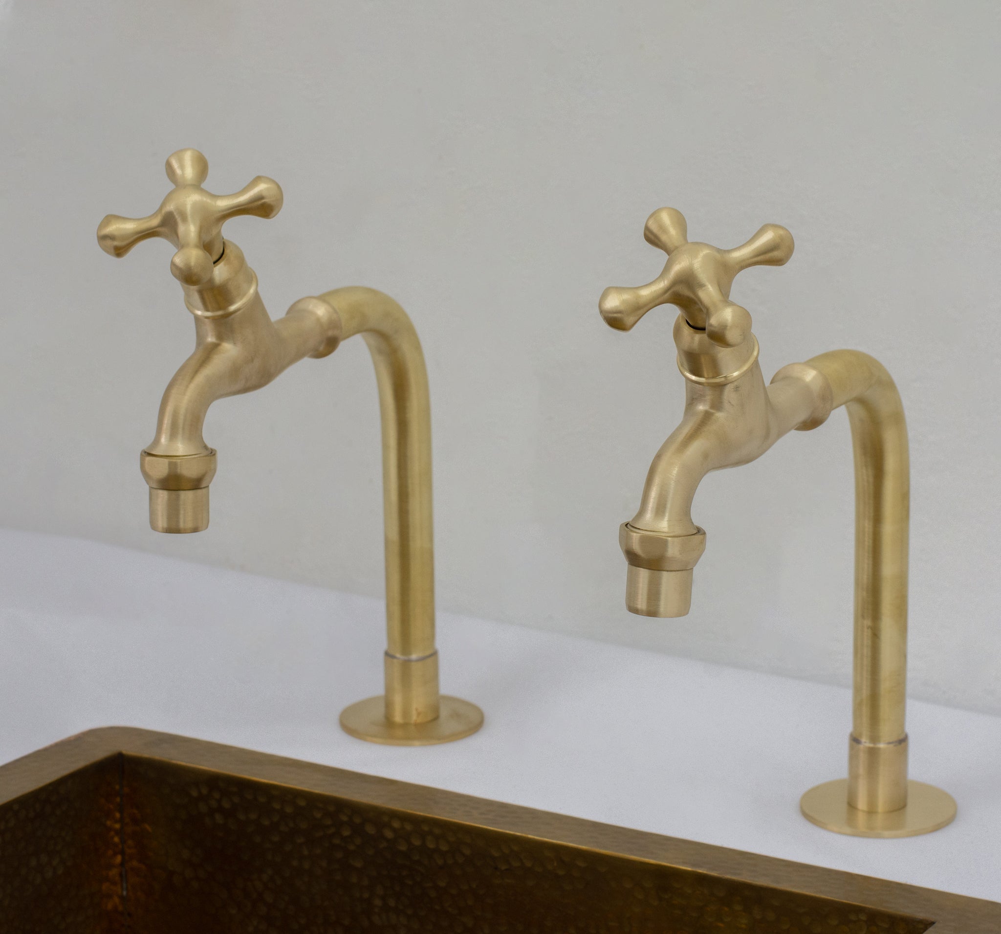 Solid Brass Deck-Mount Kitchen Bib Taps – Double Pillar Faucet Set for Hot & Cold Water alternate view 3