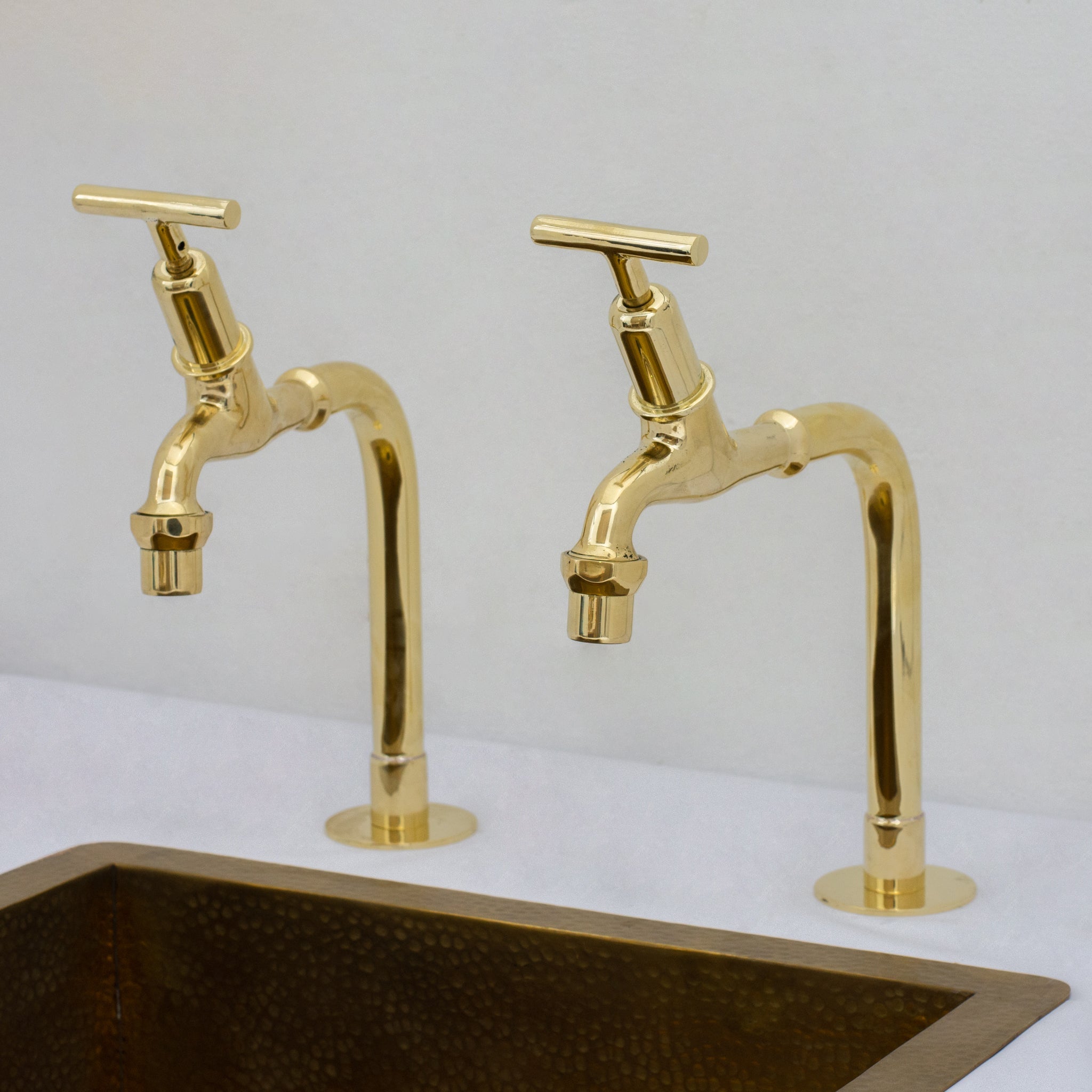 Solid Brass Deck-Mount Kitchen Bib Taps – Double Pillar Faucet Set for Hot & Cold Water alternate view 19