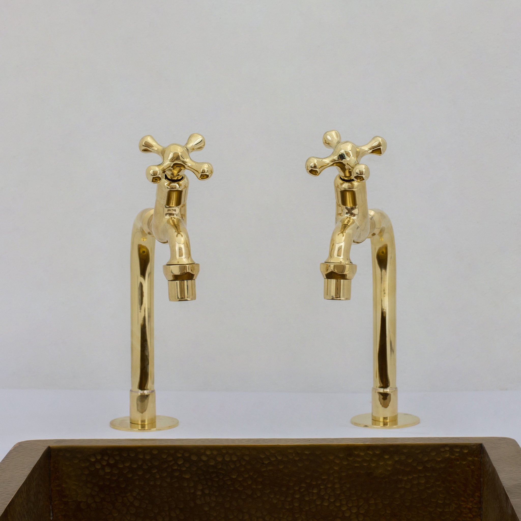 Solid Brass Deck-Mount Kitchen Bib Taps – Double Pillar Faucet Set for Hot & Cold Water alternate view 6